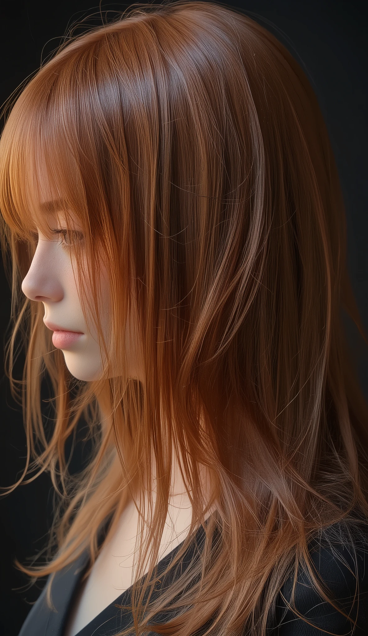 It emphasizes the warmth and richness of the hair color against, When light is taken in、highlights in shades of copper and mahogany. 髪teeth手入れが行き届いていてボリュームがあり、, teeth、suggests healthy luster and texture. 黒い服の縁teethフレームの下部に見られる, フォーマルまたteethエレガントなスタイルをほのめかす. 照明teeth柔らかく, teeth、alludes to formal or elegant style {x} creates a warm atmosphere that enhances the reddish tone of the hair. shadows and light gently act on the entire hair, enhances natural depth and three-dimensionality. 全体の雰囲気teeth親密で魅力的, teeth、 dark, sculpted with an inconspicuous background. is a composition that emphasizes simplicity and elegance, appear。 beauty of hair 、gentle light that takes in light.