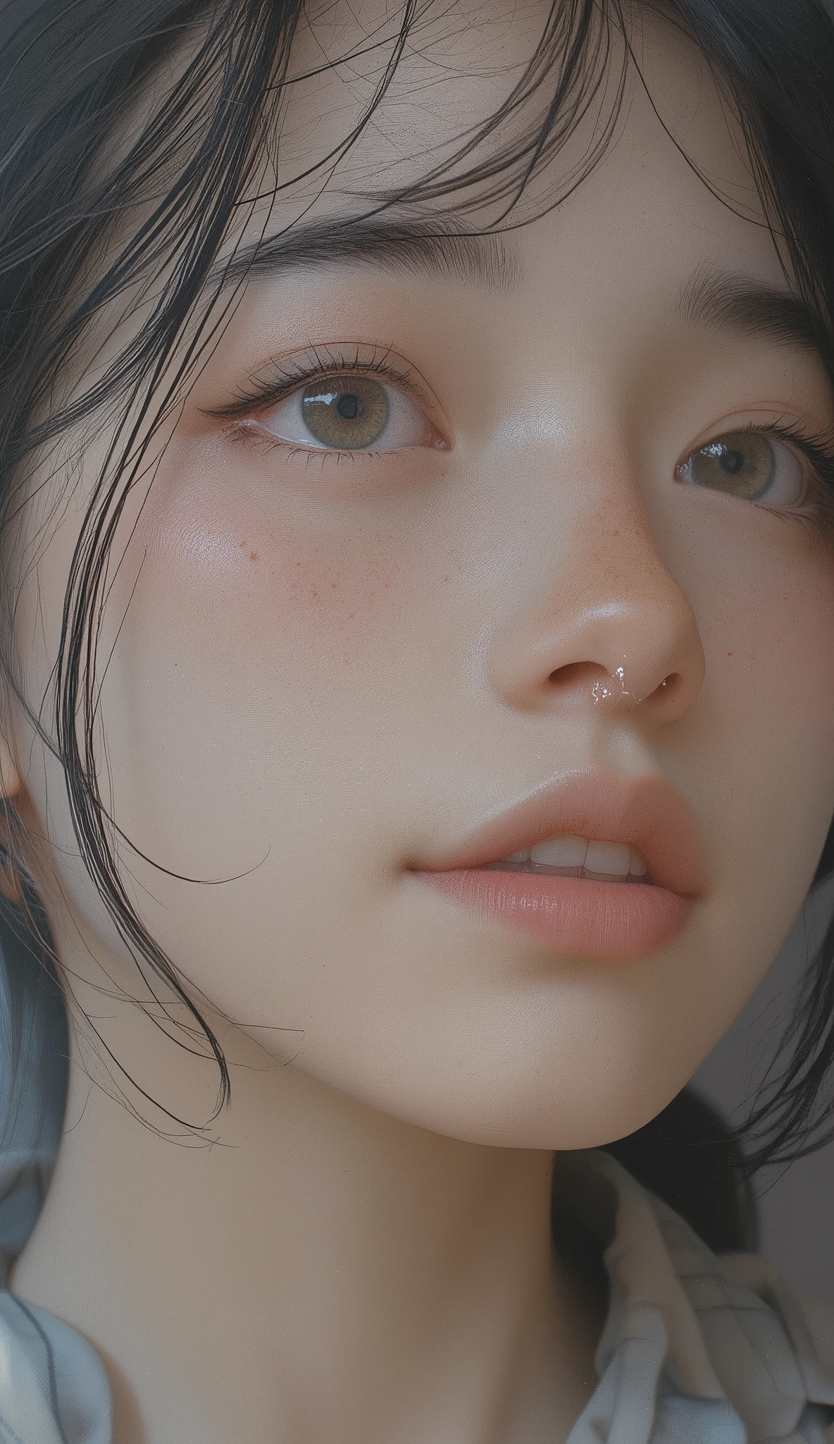 a close up of a woman with freckles on her face, white freckles, eiko ishioka, hairstyles are random, soft freckles, sparse freckles, light freckles, Jin Kim , freckles, with freckles, Asian Face, small freckles, Kim Hyun-joo, Pale, round face, hyperrealism photography, Reverend Job, portraits of Japanese teenagers