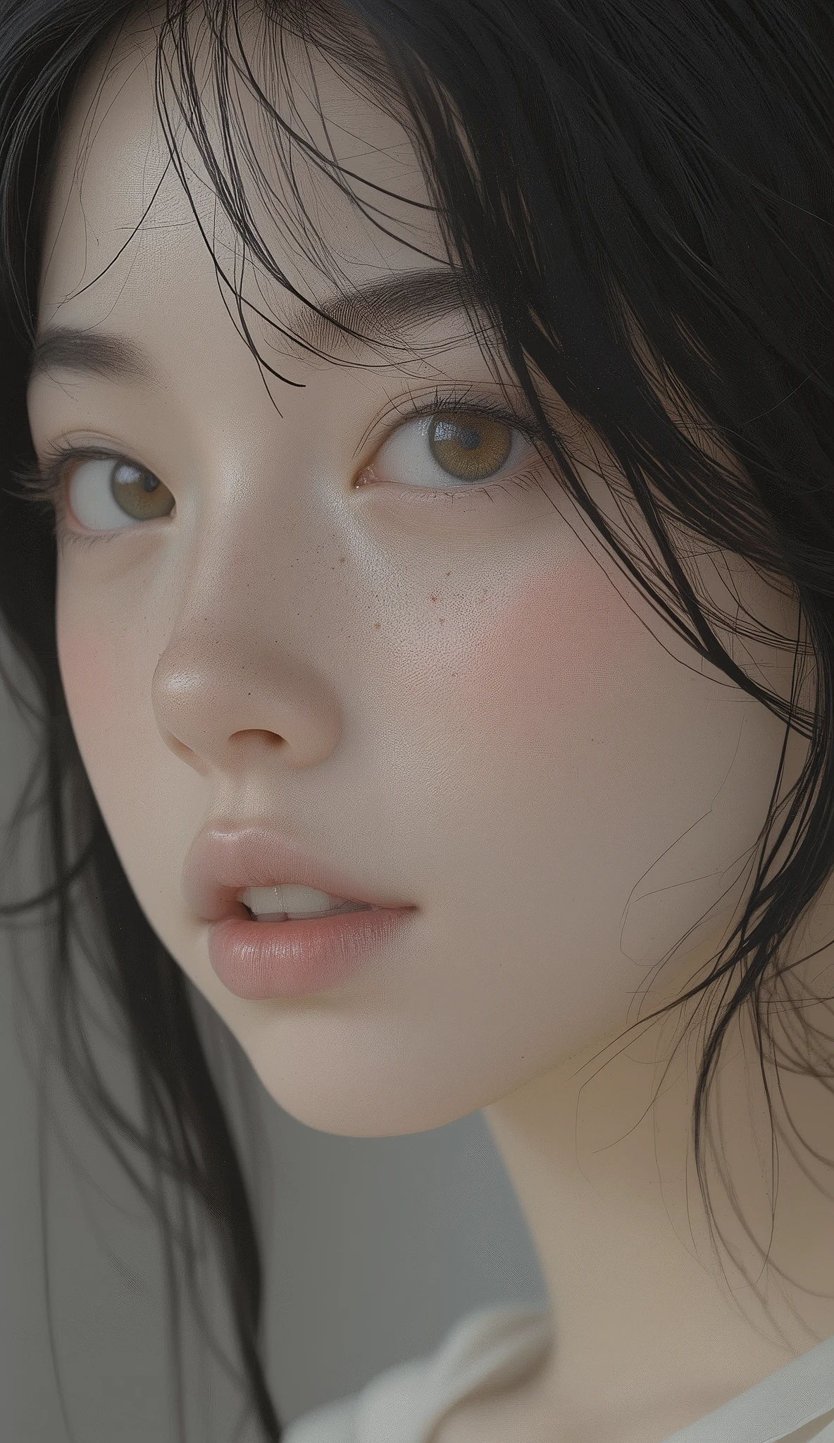 a close up of a woman with freckles on her face, white freckles, eiko ishioka, hairstyles are random, soft freckles, sparse freckles, light freckles, Jin Kim , freckles, with freckles, Asian Face, small freckles, Kim Hyun-joo, Pale, round face, hyperrealism photography, Reverend Job, portraits of Japanese teenagers