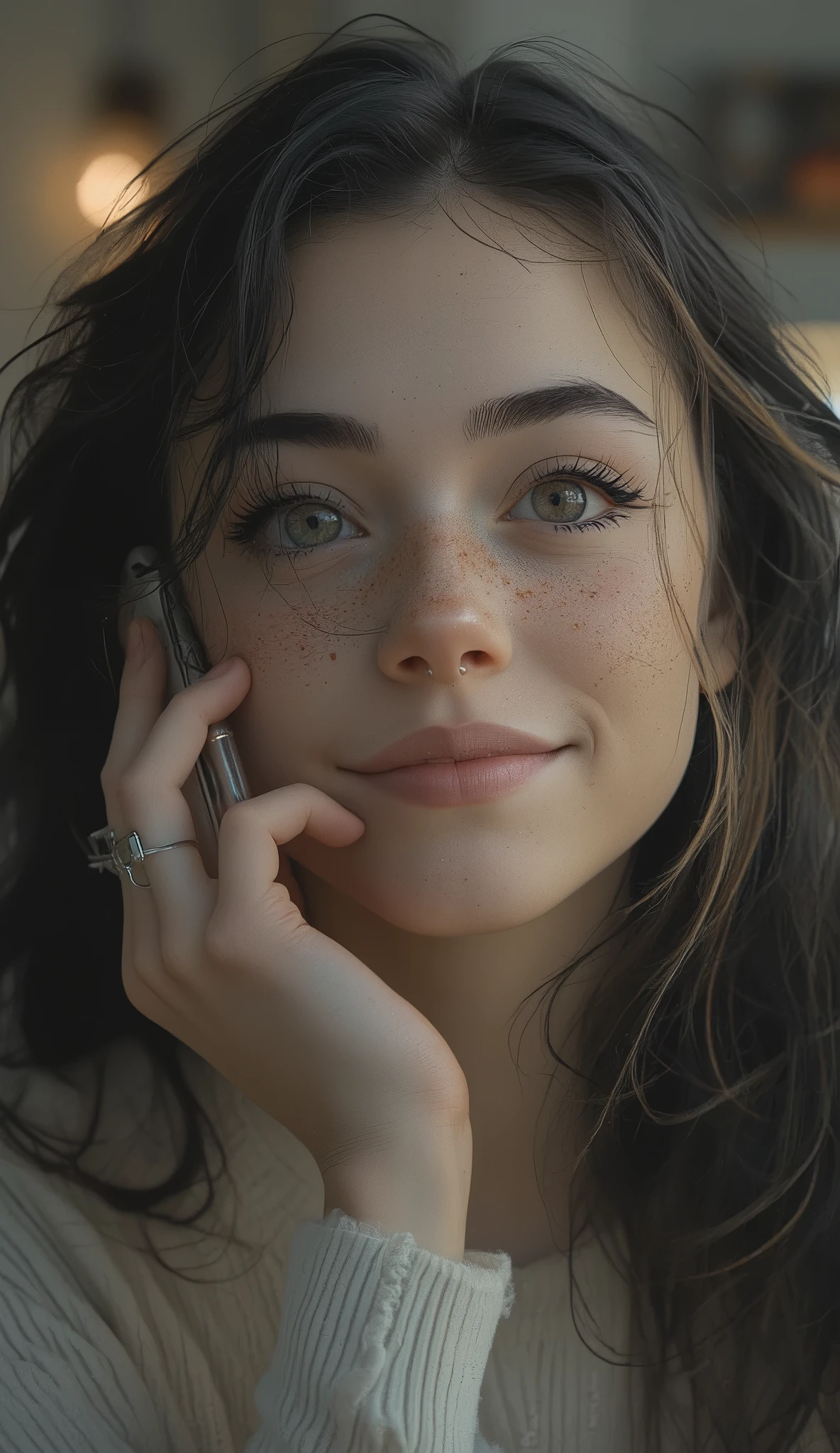 A woman is putting her smartphone on her ear without motivation, Bjork smiling, Marica Favre , sparse freckles , like Grimes , Freckled face, Julia Fuentes , Small freckles, Dimples, Bjork, Dua Lipa , Hot Julia, Valentina Remener, with freckles, Alina Ivanchenko, Justina Blakeney