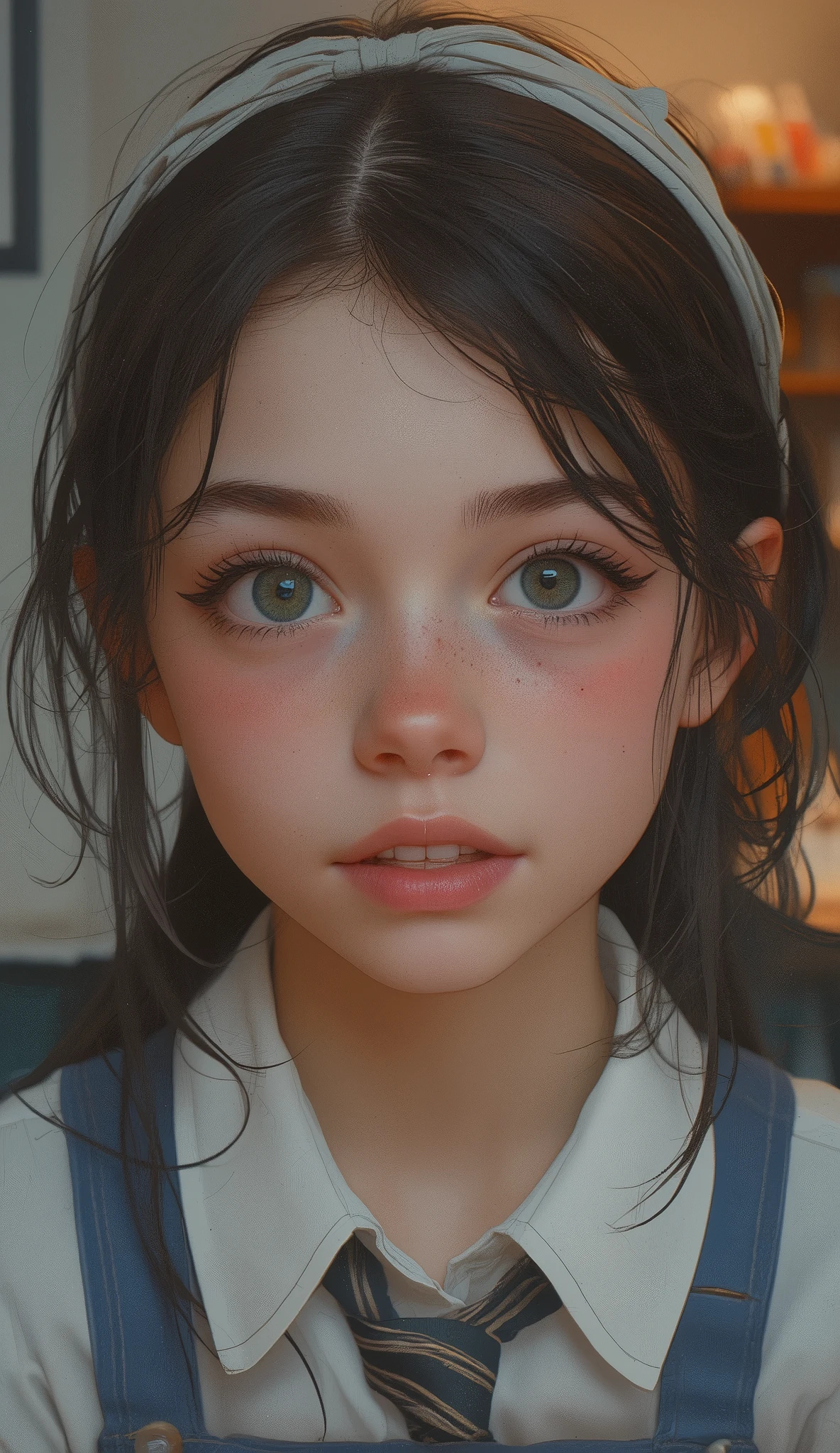 there is a young girl wearing a headband and tie, light Cute Freckles, Soft Freckles , pale freckles, Small freckles, hyperREAL HIGH SCHOOL GIRL, Cute Freckles, with freckles, sleeve, very pale freckles, a hyperREAL HIGH SCHOOL GIRL, young cute girl, REAL HIGH SCHOOL GIRL, Signs of freckles、anger、wrinkles between eyebrows, portrait of a high school student, soft portrait shot 8k