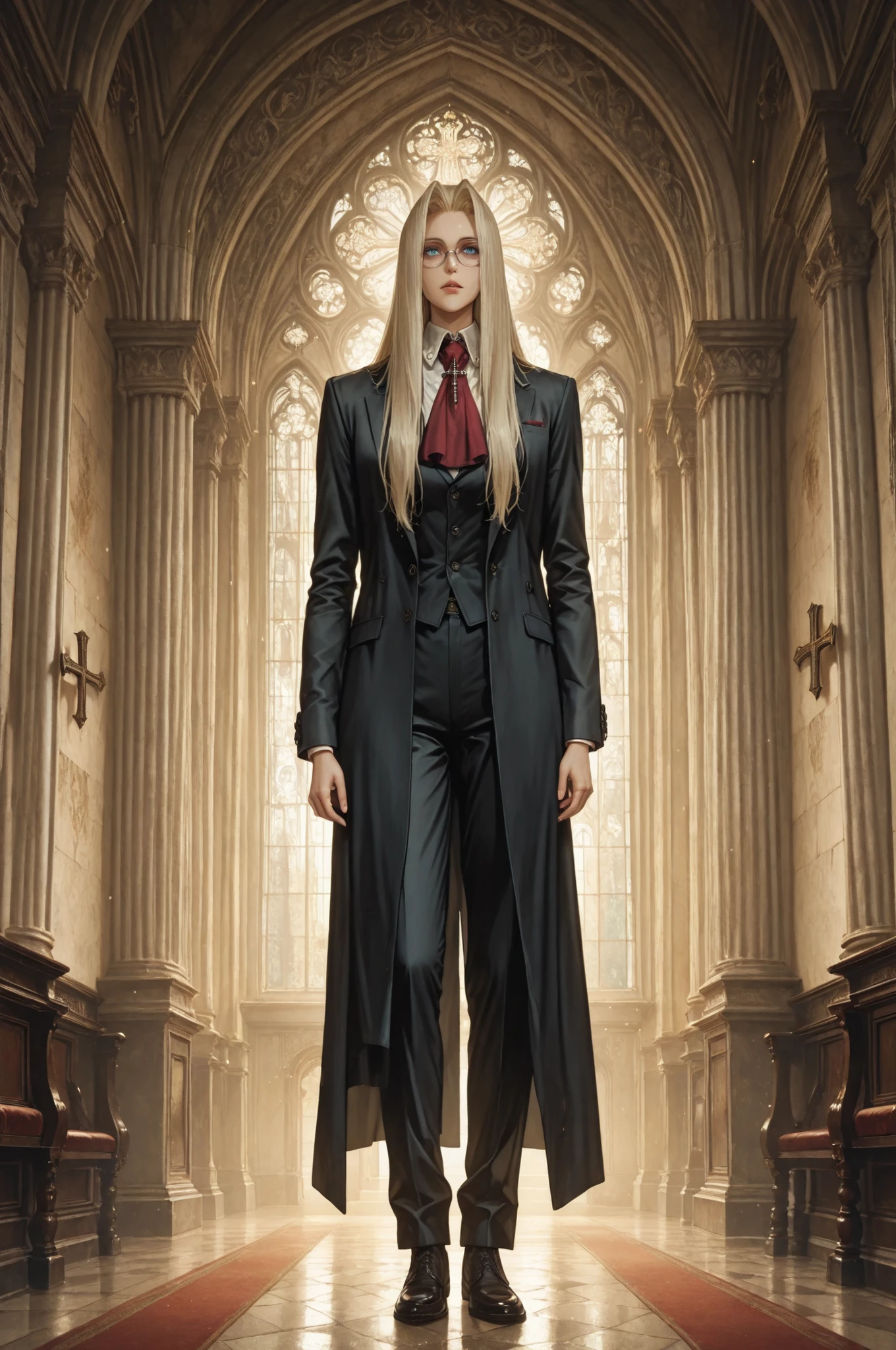 integra hellsing, long hair, blonde hair, blue eyes, glasses, red ascot, cross, formal, suit, pants, high definition eyes, detailed eyes, high gradient eyes, eyesHD, 1 girl, solo, mature female, full body view, anatomically accurate ratio, detailed skin image, the girl is incredibly beautiful, the girl has an incredibly beautiful face, the girl looks directly at the viewer. The atmosphere is mystical and mysterious. The girl is standing inside the Protestant Cathedral. The high arched windows allow soft light to enter, creating an atmosphere of solemnity and grandeur.  The walls are painted in light colors, with elements of Gothic architecture, such as columns with golden accents. masterpiece, best quality, amazing quality, hyper-detailed, newest, very aesthetic, (masterpiece, detailed:1.2), proper lighting, proper shadows, detailed background.
  