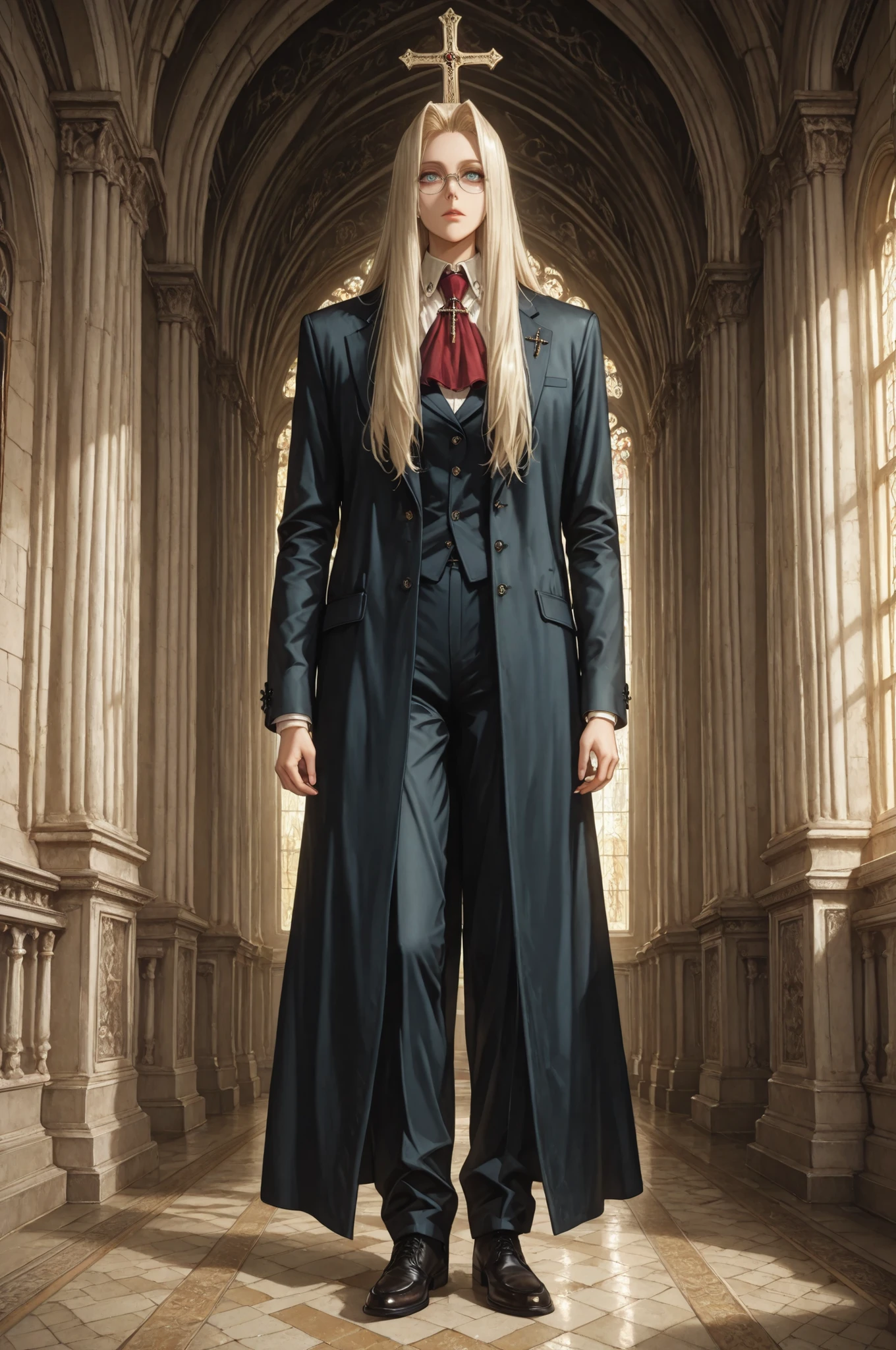 integra hellsing, long hair, blonde hair, blue eyes, glasses, red ascot, cross, formal, suit, pants, high definition eyes, detailed eyes, high gradient eyes, eyesHD, 1 girl, solo, mature female, full body view, anatomically accurate ratio, detailed skin image, the girl is incredibly beautiful, the girl has an incredibly beautiful face, the girl looks directly at the viewer. The atmosphere is mystical and mysterious. The girl is standing inside the Protestant Cathedral. The high arched windows allow soft light to enter, creating an atmosphere of solemnity and grandeur.  The walls are painted in light colors, with elements of Gothic architecture, such as columns with golden accents. masterpiece, best quality, amazing quality, hyper-detailed, newest, very aesthetic, (masterpiece, detailed:1.2), proper lighting, proper shadows, detailed background.
  