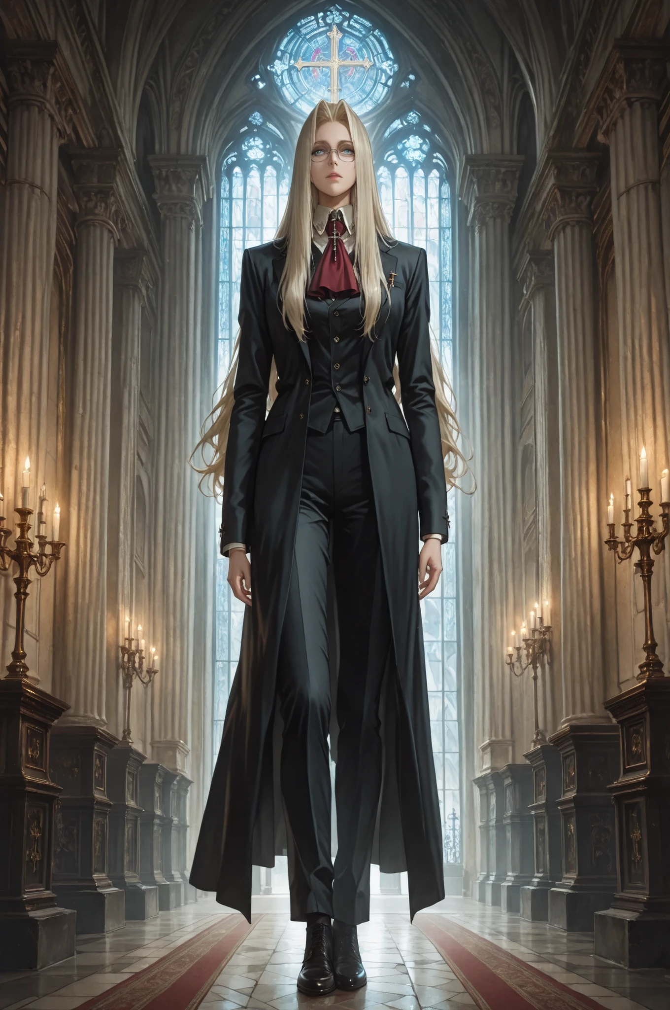 integra hellsing, long hair, blonde hair, blue eyes, glasses, red ascot, cross, formal, suit, pants, high definition eyes, detailed eyes, high gradient eyes, eyesHD, 1 girl, solo, mature female, full body view, anatomically accurate ratio, detailed skin image, the girl is incredibly beautiful, the girl has an incredibly beautiful face, the girl looks directly at the viewer. The atmosphere is mystical and mysterious. The girl is standing inside the Protestant Cathedral. The high arched windows allow soft light to enter, creating an atmosphere of solemnity and grandeur.  The walls are painted in light colors, with elements of Gothic architecture, such as columns with golden accents. masterpiece, best quality, amazing quality, hyper-detailed, newest, very aesthetic, (masterpiece, detailed:1.2), proper lighting, proper shadows, detailed background.
  