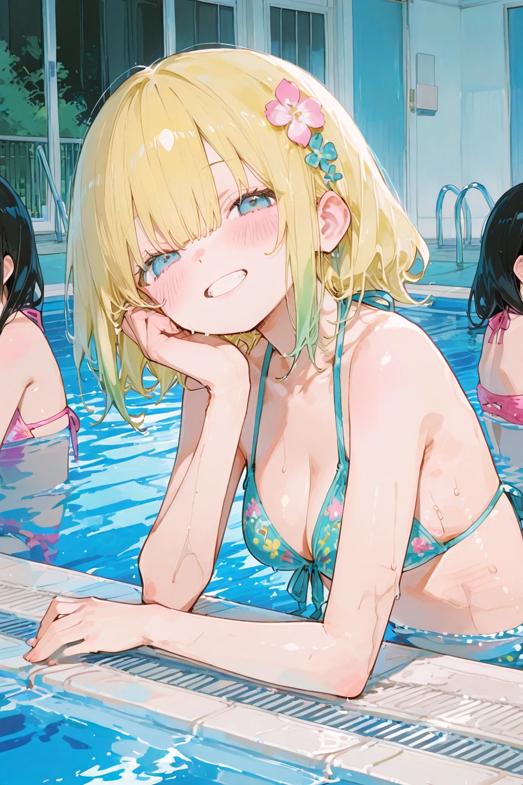 Blonde  girl squatting、A lot of close elementary school boys hugging each other、surround each other'neck of、Laughter and joy、longshot、Group Selfies、Inside the unit bath、Smartphone shooting、Leaning forward