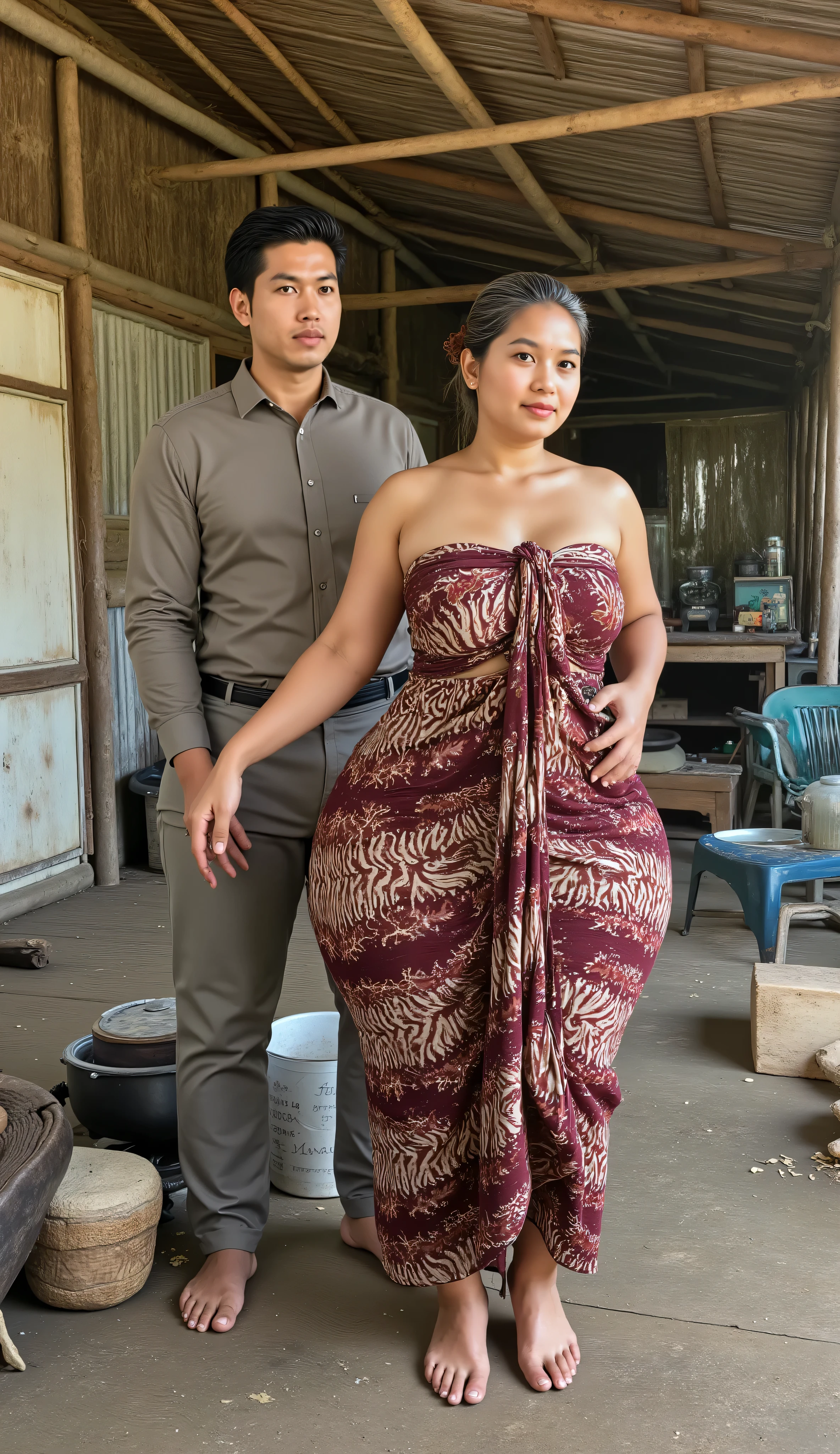 A Javanese attractive mature woman with a provocative curvaceous body, realistic big breasts, is 60 years old and has a figure with prominent curves, a plump with perfect proportions curves, generous curves and plus-size, a body with an hourglass figure, her voluptuous wide hips harmonize with slender wasp waist, with wide legs and wide thighs well-shaped, and her butt in good shape, plump and shaped buttocks. She has characteristics typical of her age, slight wrinkles on her face and natural gray hair, long natural gray hair with an elegant Bun style hairstyle, has beautiful and fine facial features. She wore a long and loose batik kemben dress and transparent-glass heel , She was cooking with traditional stove, in bamboo hut, she is a bride for her young(thin, skinny, tall)son 12 years old. He was wearing a casual suit and had black hair, He is behind to her, he look at her with great lust, he holds her with passion and places his hand close to her buttocks. they was captured is a modern hyperrealistic cinematic style, captured on a full body side overview, with hyperrealistic details and good focus quality.