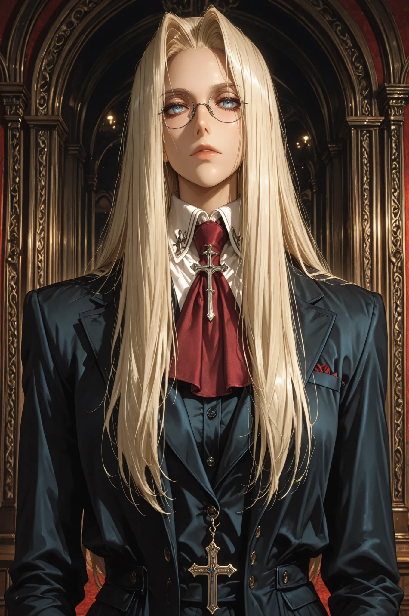 integra hellsing, long hair, blonde hair, blue eyes, glasses, red ascot, cross, formal, suit, pants, high definition eyes, detailed eyes, high gradient eyes, eyesHD, 1 girl, solo, mature female, upper body view, anatomically accurate ratio, detailed skin image, the girl is incredibly beautiful, the girl has an incredibly beautiful face, the girl looks directly at the viewer. The atmosphere is mystical and mysterious. The girl is staying at the Royal Palace in London. masterpiece, best quality, amazing quality, hyper-detailed, newest, very aesthetic, (masterpiece, detailed:1.2), proper lighting, proper shadows, detailed background.