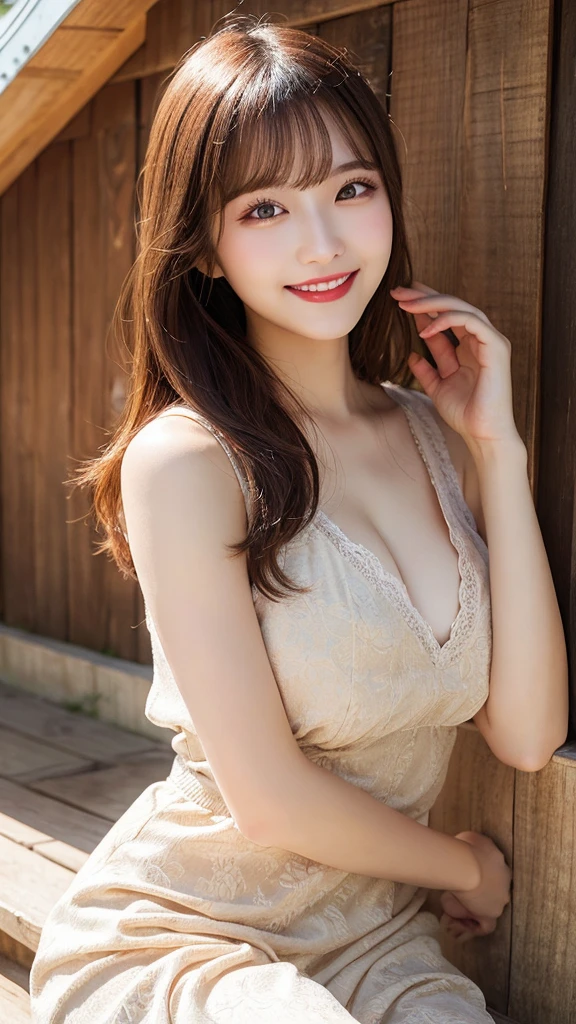 Model Photos, Close-up portrait, Complex beauty, Exquisite Jewelry, side view Intricate details, masterpiece, 最high quality, high quality, High resolution, Beautiful Face、(Realistic Face)、Realistic eyes、beautiful detailed eyes、huge , Realistic Skin、Beautiful Skin、Ultra-realistic、Very detailed、Beautiful lighting、Sharp focus、Various poses、超Detailed face、fine aiole hair、((Extra long brown hair:1.2))((Loosely inward wavy hair:1.2)),Beautiful hairstyle、Detailed face、Exposed breasts、Cleavage、(Big Breasts)、Incredibly stupid, It seems ridiculous.,((wearing Big floral mini dress:1.3))、((A shy smile:1.3)),((light rays,Tyndall effect,outdoor,cloud:1.4)),((full figure supermodel standing, entire body in frame))fullbody shot、