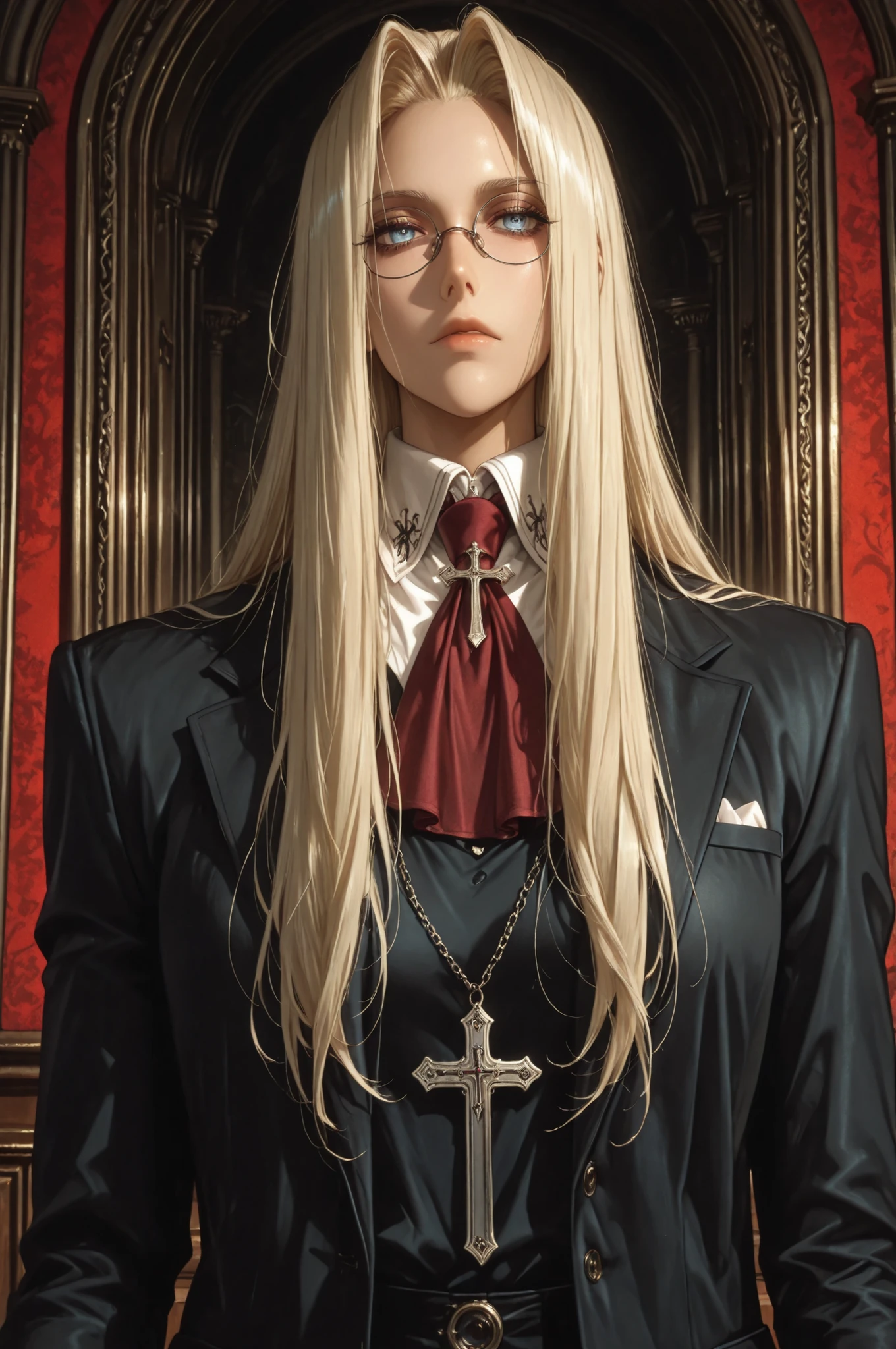 integra hellsing, long hair, blonde hair, blue eyes, glasses, red ascot, cross, formal, suit, pants, high definition eyes, detailed eyes, high gradient eyes, eyesHD, 1 girl, solo, mature female, upper body view, anatomically accurate ratio, detailed skin image, the girl is incredibly beautiful, the girl has an incredibly beautiful face, the girl looks directly at the viewer. The atmosphere is mystical and mysterious. The girl is staying at the Royal Palace in London. masterpiece, best quality, amazing quality, hyper-detailed, newest, very aesthetic, (masterpiece, detailed:1.2), proper lighting, proper shadows, detailed background.