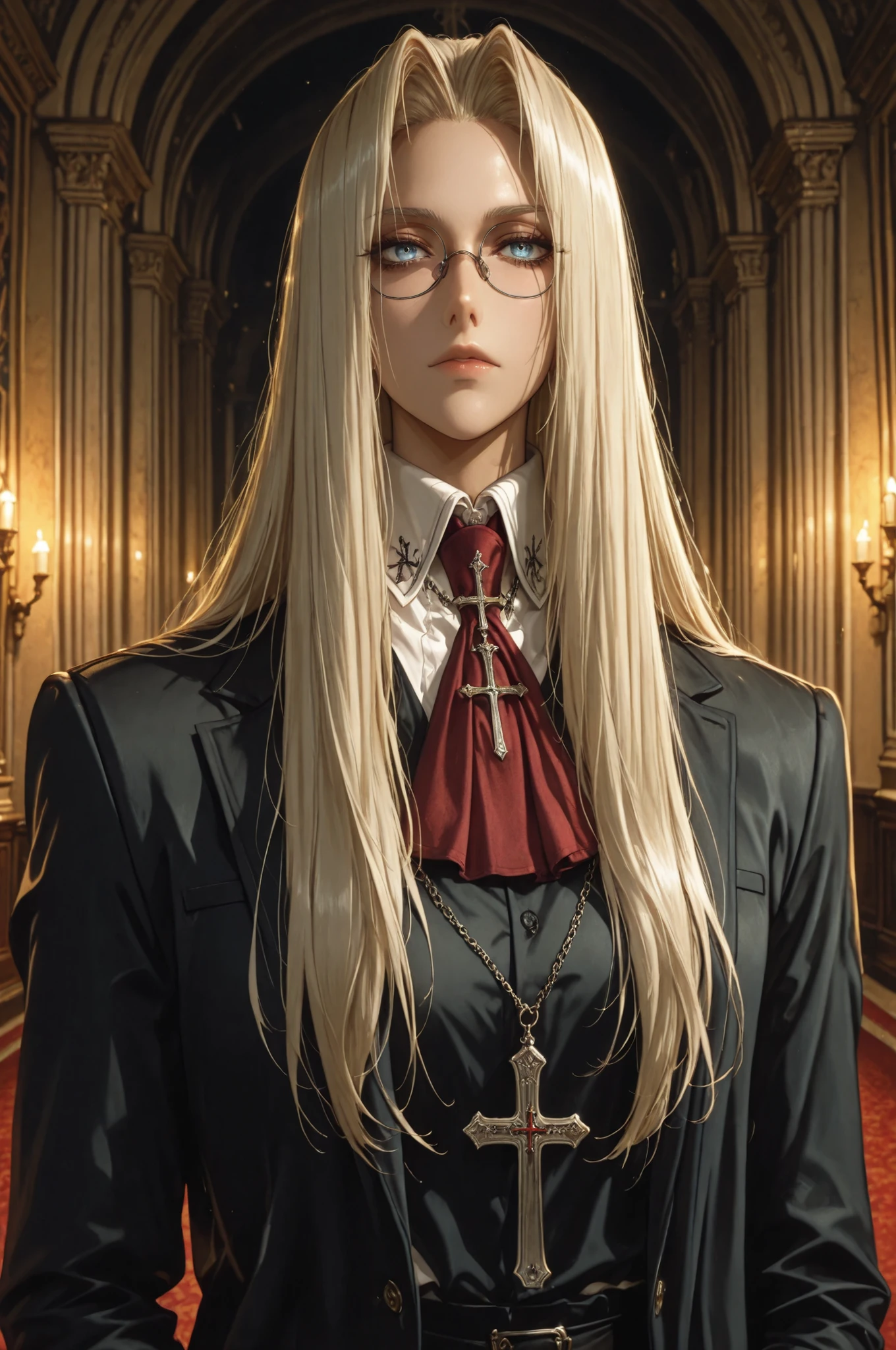 integra hellsing, long hair, blonde hair, blue eyes, glasses, red ascot, cross, formal, suit, pants, high definition eyes, detailed eyes, high gradient eyes, eyesHD, 1 girl, solo, mature female, upper body view, anatomically accurate ratio, detailed skin image, the girl is incredibly beautiful, the girl has an incredibly beautiful face, the girl looks directly at the viewer. The atmosphere is mystical and mysterious. The girl is staying at the Royal Palace in London. masterpiece, best quality, amazing quality, hyper-detailed, newest, very aesthetic, (masterpiece, detailed:1.2), proper lighting, proper shadows, detailed background.