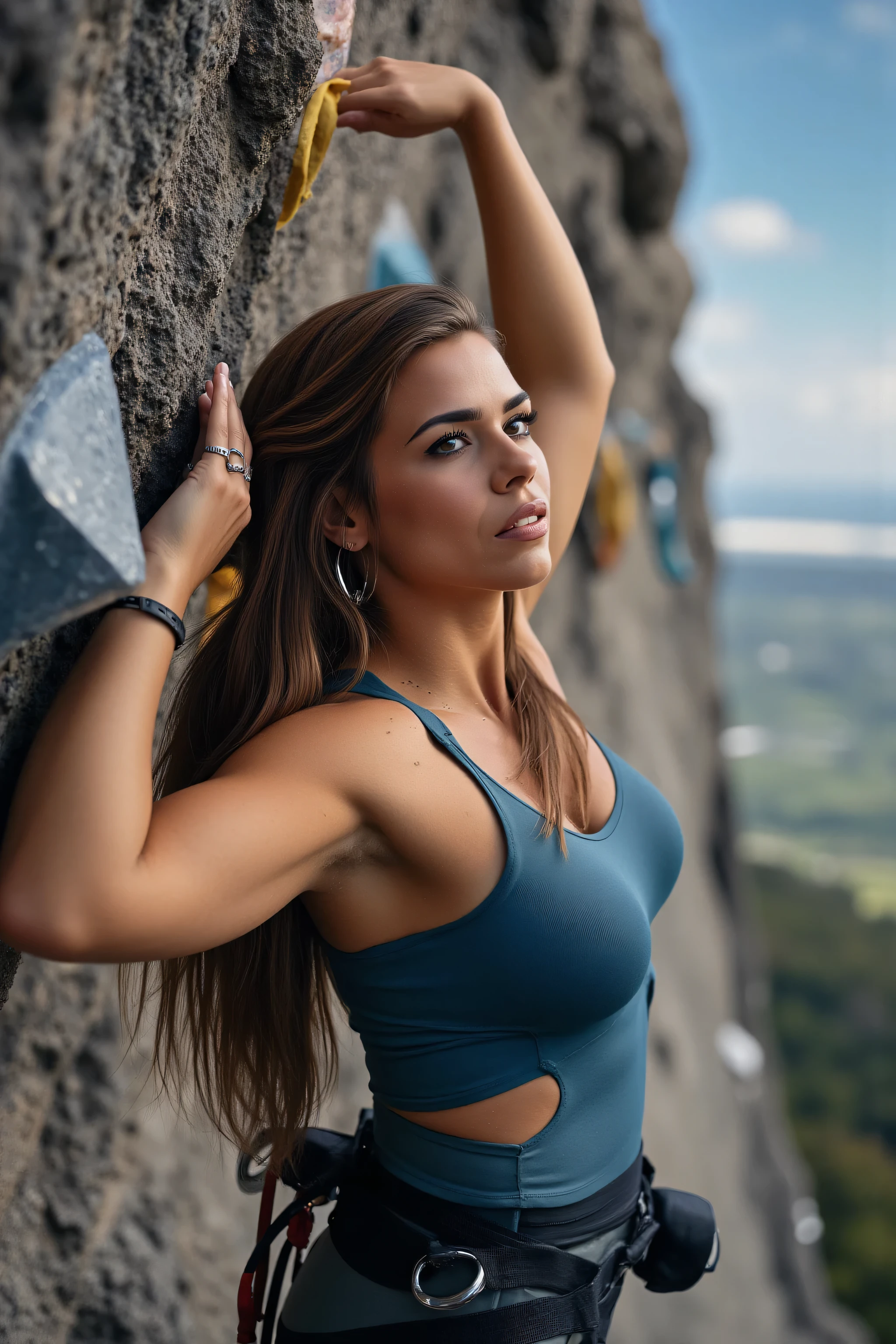 woman with long hair、beautiful iris 、hohe Nase、und Lippen、e breasts、schmale Taille、Big Butt、 muscular and healthy 、Her face looks up and her line looks up、Kletterwand, And aim for the summit with a serious facial expression、View of the summit、advanced bouldering、Artificial rock surface、 safety equipment 、trained body、Schwitzende Haut、fokussierter Blick、Starker Wille、Sportbekleidung、4k realistisch、realistisch、Studiobeleuchtung、HDR、bokeh