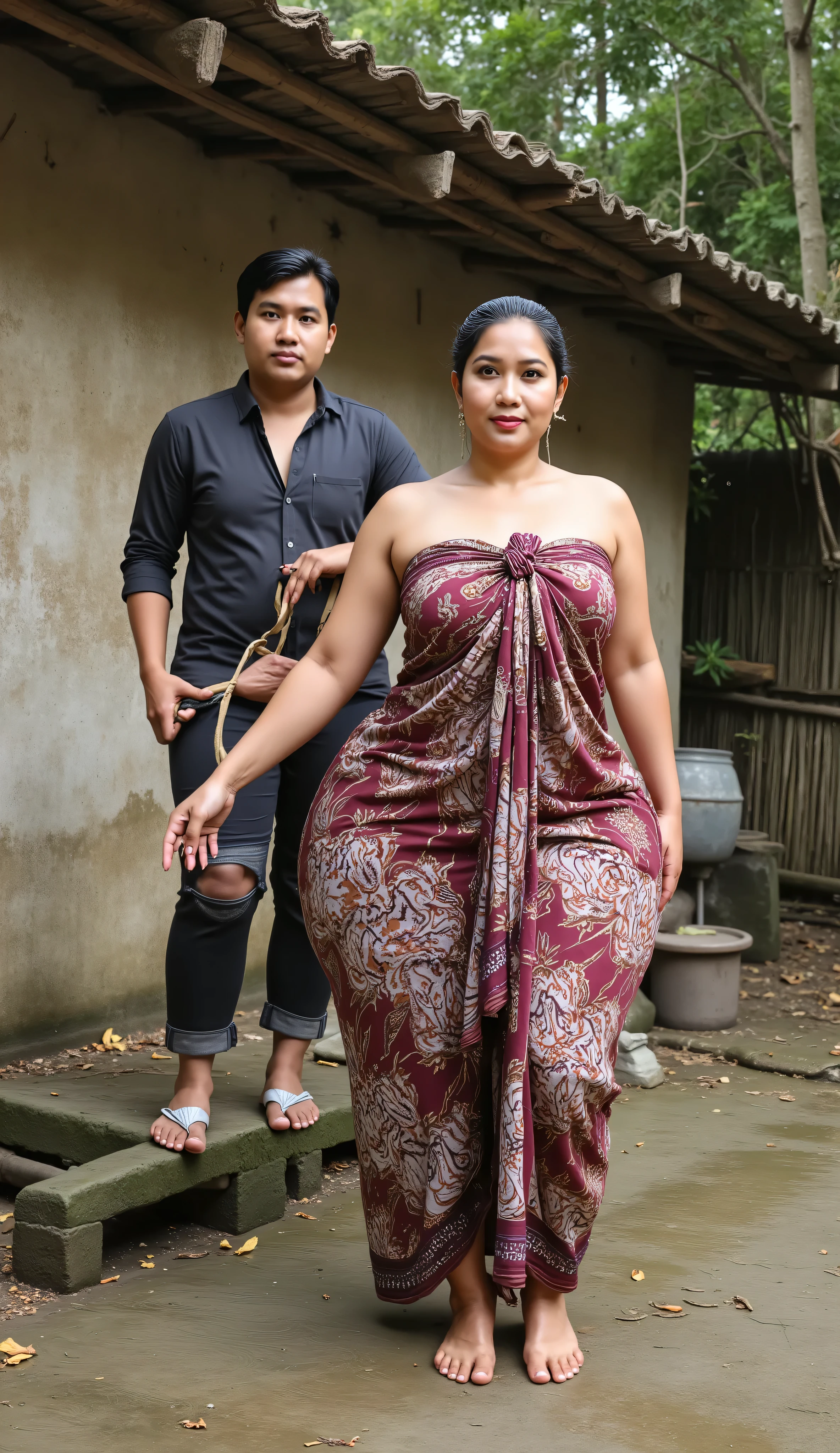 A Javanese attractive mature woman with a provocative curvaceous body, realistic big breasts, is 60 years old and has a figure with prominent curves, a plump with perfect proportions curves, generous curves and plus-size, a body with an hourglass figure, her voluptuous wide hips harmonize with slender wasp waist, with wide legs and wide thighs well-shaped, and her butt in good shape, plump and shaped buttocks. She has characteristics typical of her age, slight wrinkles on her face and natural gray hair, long natural gray hair with an elegant Bun style hairstyle, has beautiful and fine facial features. She wore a long and loose batik kemben dress and transparent-glass heel , She was cooking with traditional stove, in bamboo hut, she is a bride for her young(thin, skinny, tall)son 12 years old. He was wearing a casual suit and had black hair, He is behind to her, he look at her with great lust, he holds her with passion and places his hand close to her buttocks. they was captured is a modern hyperrealistic cinematic style, captured on a full body side overview, with hyperrealistic details and good focus quality.