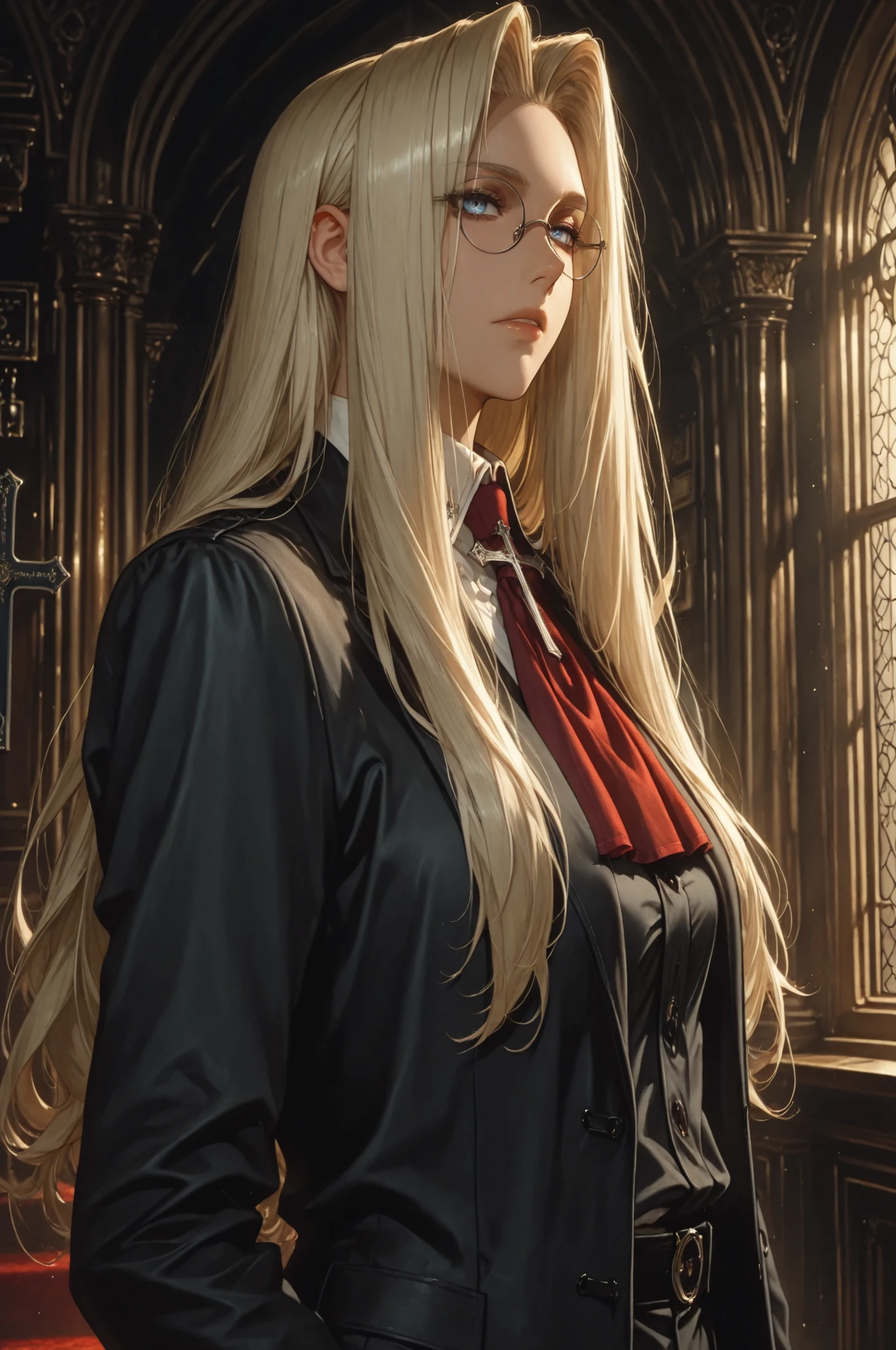 integra hellsing, long hair, blonde hair, blue eyes, glasses, red ascot, cross, formal, suit, pants, high definition eyes, detailed eyes, high gradient eyes, eyesHD, 1 girl, solo, mature female, side view, upper body view, anatomically accurate ratio, detailed skin image, the girl is incredibly beautiful, the girl has an incredibly beautiful face, the girl looks directly at the viewer. The atmosphere is mystical and mysterious. The girl stands at the Tower of London at night, and a cold fog envelops the street masterpiece, best quality, amazing quality, hyper-detailed, newest, very aesthetic, (masterpiece, detailed:1.2), proper lighting, proper shadows, detailed background.