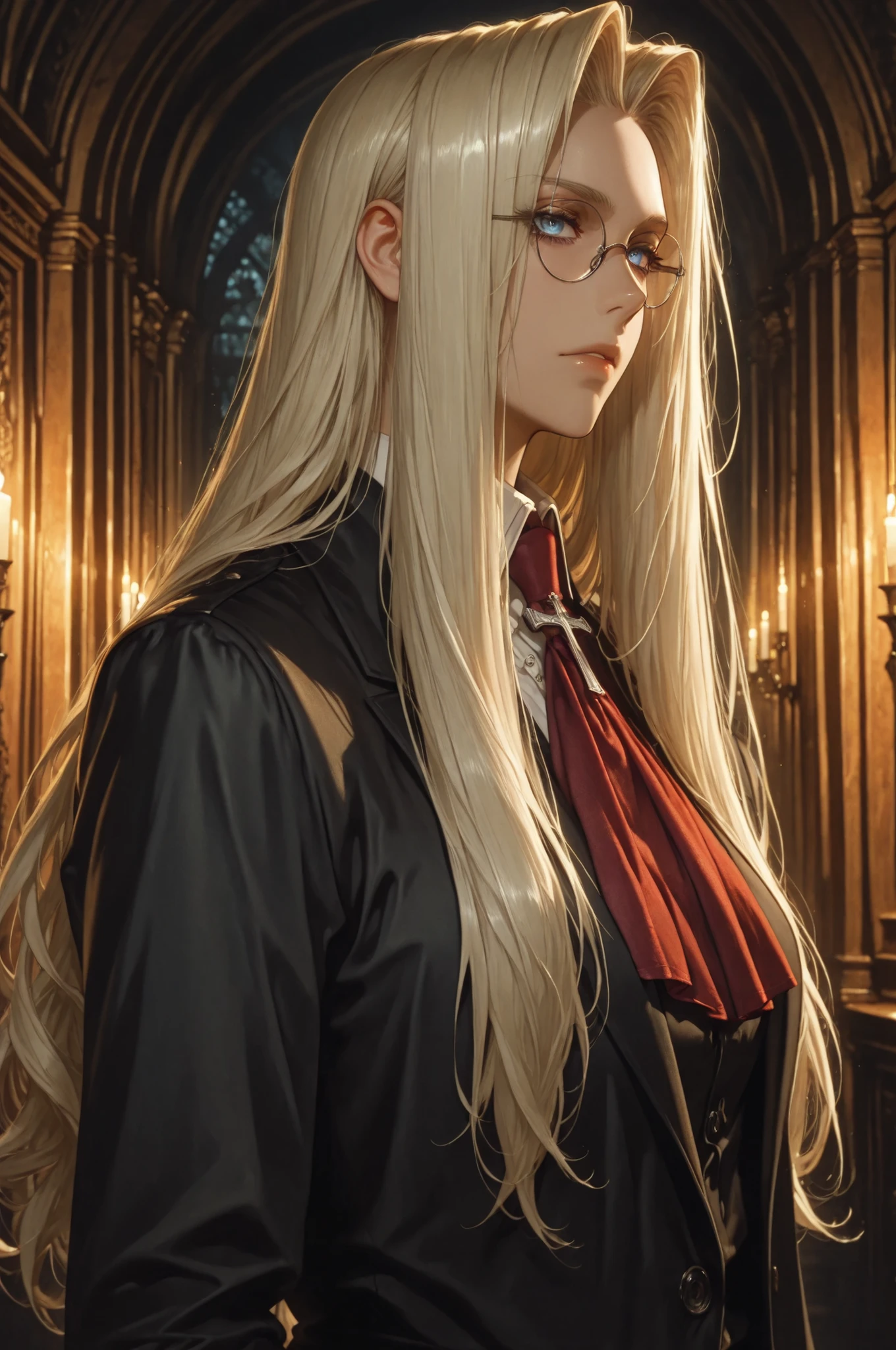 integra hellsing, long hair, blonde hair, blue eyes, glasses, red ascot, cross, formal, suit, pants, high definition eyes, detailed eyes, high gradient eyes, eyesHD, 1 girl, solo, mature female, side view, upper body view, anatomically accurate ratio, detailed skin image, the girl is incredibly beautiful, the girl has an incredibly beautiful face, the girl looks directly at the viewer. The atmosphere is mystical and mysterious. The girl stands at the Tower of London at night, and a cold fog envelops the street masterpiece, best quality, amazing quality, hyper-detailed, newest, very aesthetic, (masterpiece, detailed:1.2), proper lighting, proper shadows, detailed background.