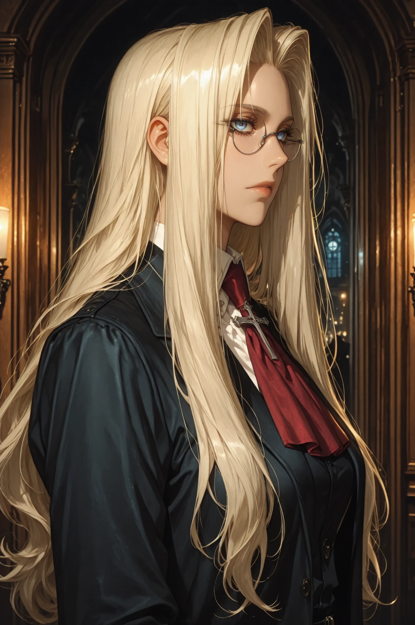 integra hellsing, long hair, blonde hair, blue eyes, glasses, red ascot, cross, formal, suit, pants, high definition eyes, detailed eyes, high gradient eyes, eyesHD, 1 girl, solo, mature female, side view, upper body view, anatomically accurate ratio, detailed skin image, the girl is incredibly beautiful, the girl has an incredibly beautiful face, the girl looks directly at the viewer. The atmosphere is mystical and mysterious. The girl stands at the Tower of London at night, and a cold fog envelops the street masterpiece, best quality, amazing quality, hyper-detailed, newest, very aesthetic, (masterpiece, detailed:1.2), proper lighting, proper shadows, detailed background.