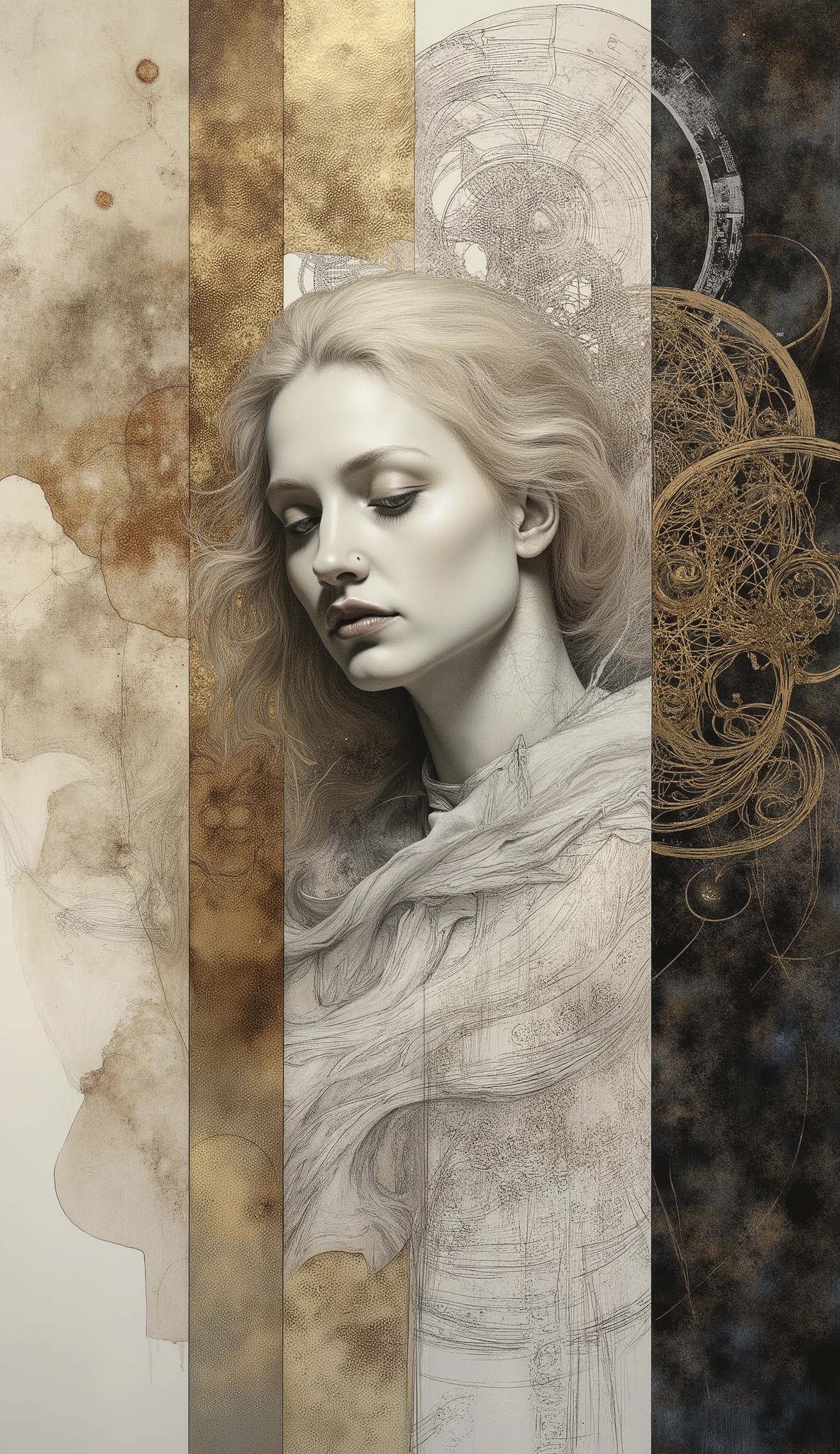 This digital illustration, created in 2025, features intricate details reminiscent of the painting style of Dora Maar. The delicate and precise rendering is striking. The artwork depicts a portrait of a very beautiful woman—a charcoal drawing of the upper body of a blonde woman. It is likely a study or practice piece. The background is divided into three sections, painted with watercolors: the left side is a glossy beige and brown marble texture, the center has a subtly shimmering gold foil, and the right side is a glossy black and gold marble texture. A Zentangle pattern in black ink is drawn over the background.