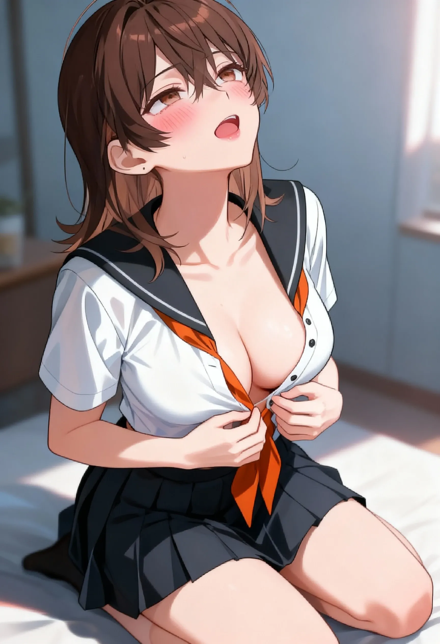 mastute piece,Best Quality,insanely detailed,8k cg,nsfw,
(shoot upper body:1.3),
(1girls:1.3),standing,looking at viewr,body in front,both arms behind back,(school uniform),(bare :1.2),( :1.2),
break,
blush,shy,(ecstasy face),(trembling:1.2),break,(light orange hair:1.2),
break,
perfect breasts,perfect teats,(open mouth:0.9),(:1.2),
(class room)、