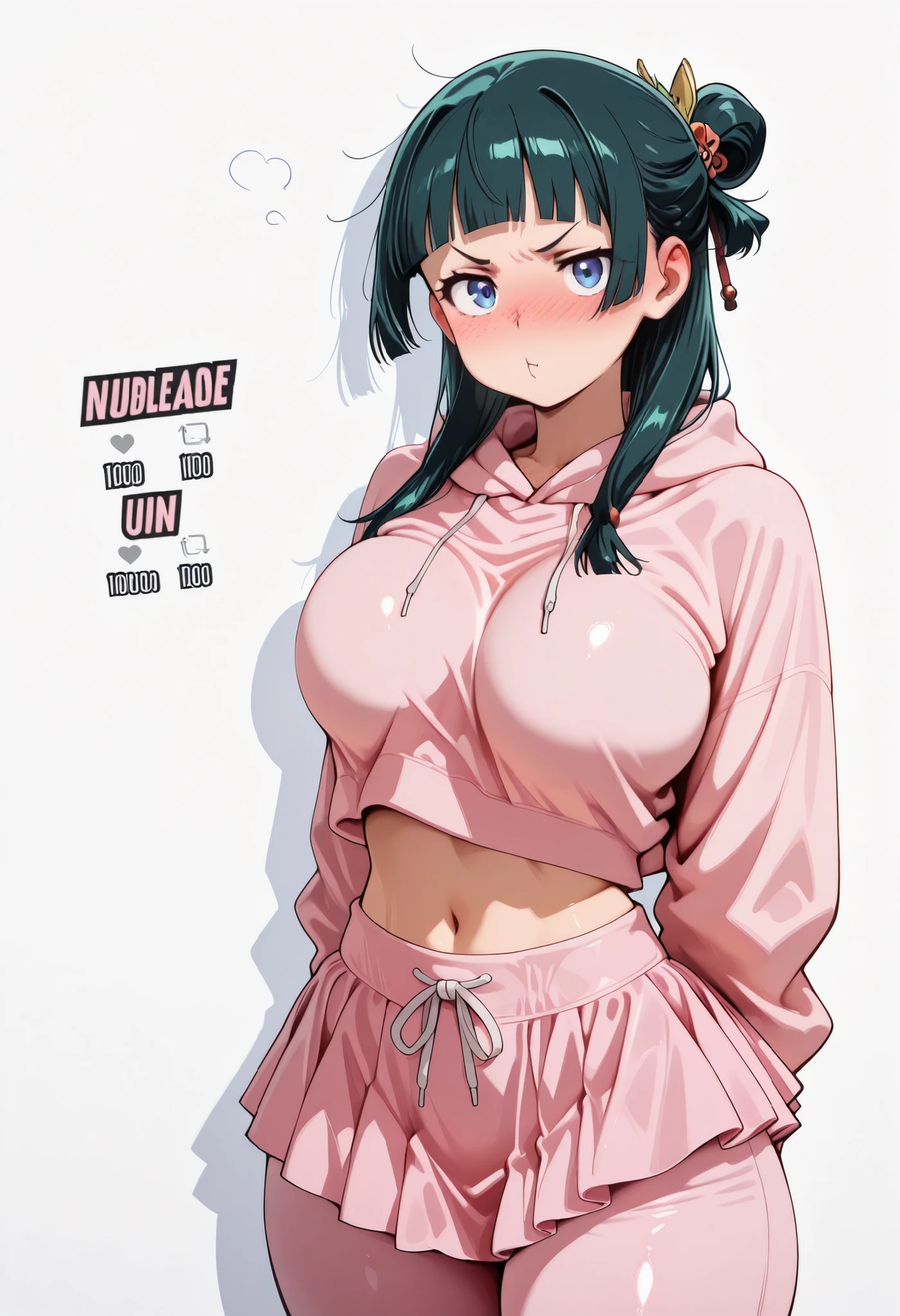 score_9, score_8_up, score_7_up, score_6_up, score_5_up, score_4_up, masterpiece, high quality, BREAK, 1girl, navel, midriff, rounded breasts, thick breasts, sfw, looking at viewer, nose blush, shiny legs, shiny body, shiny hair, clear skin, clear body,, large breasts, white background, simple background, thick thigh, thick thighs, standing, nice legs, solo, maomao, long hair, bangs, blue eyes, hair ornament, green hair, blunt bangs, freckles, hair bun, single hair bun, large breasts, pouting expression,,, COWBOY SHOT , LARGER BREASTS, hands behind on her, white background, empty background, pink hoodie, pants under skirt, pink skirt, pink pants