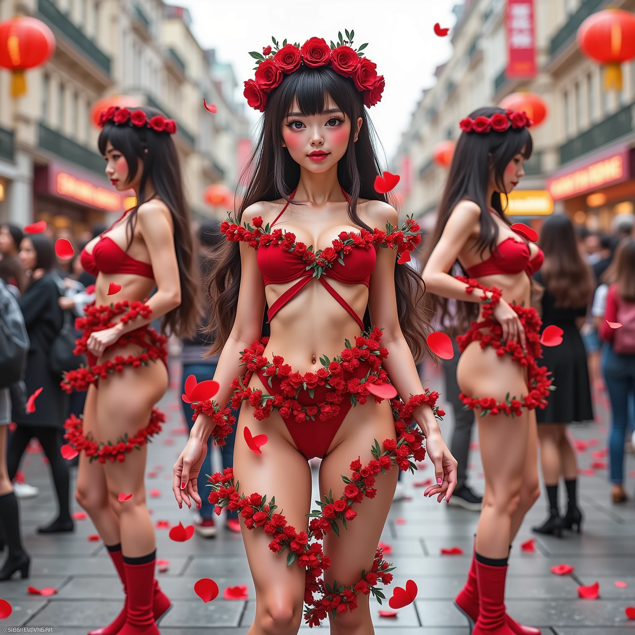 Combined Overlay Images of HUD, ( The Top Layer shows various Body Specs scales ) and red large letters says "It's over 9000!". 🥀 Baby's breath, Extremely Detailed Crowded NOGIZAKA Girls Standing Backwards FullBody, { Sexy Body Variations | Lovely Face Variations }, Beautiful Reflective Eyes, { Leggy | Busty }, LifeLike Rendering, MagicHour Miracle, Flower wreath, ( Red roses wrapped around the girls' bodies ), Completely hidden nipples, { Haunting Scenery | Ethereal Aesthetics | Running water | David Hamilton }