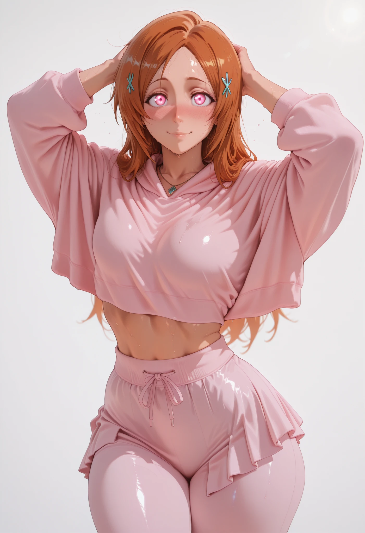 Orihime Inoue, , medium Breasts, inoue orihime, 1girl, solo, soft smile, mature female,, jewelry, necklace, pendant, , blush, drunk,, sweat, sweaty, sweaty:1.3, standing, blush,,, looking at viewer, looking at viewer, best quality, masterpiece, very aesthetic, solo,, shiny skin, shiny hair, shiny body, clear body,, nose blush, sweat, sweaty, sweaty:1.3,, standing, nice legs,, looking at viewer, thick thigh, thick thighs, nice face, solo, opaque clothes, cowboy shot, nice legs, DYNAMIC POse, , solo,, thick thigh, dynamic pose, navel ,midriff,,, LOOKING AT VIEWER,, soft smile,, DYNAMIC POSE,, Looking At Viewer, tilting head,,, dynamic, dynamic composition,beautiful sunlight, beautiful lighting, lens flare, light leak,,, emotional, . ,COWBOY SHOT,. High-resolution anime-style illustration, clean lines, smooth shading, and rich fabric details., solo focus, looking at viewer, shiny skin, shiny hair, shiny body, clear body, nose blush,, POSING,, DYNAMIC POSE, NICE LEGS, COWBOY SHOT, cowboy shot, NOSE BLUSH,. ,, dynamic pose,, opaque clothes,,, ., opaque clothes, LOOKING AT VİEWER, opaque clothes, POSING, navel, midriff, nice legs, GLOWING EYES, NICE LEGS,, POSING, WHITE BACKGROUND, EMPTY BACKGROUND, pink hoodie, pants under skirt, pink skirt, pink pants