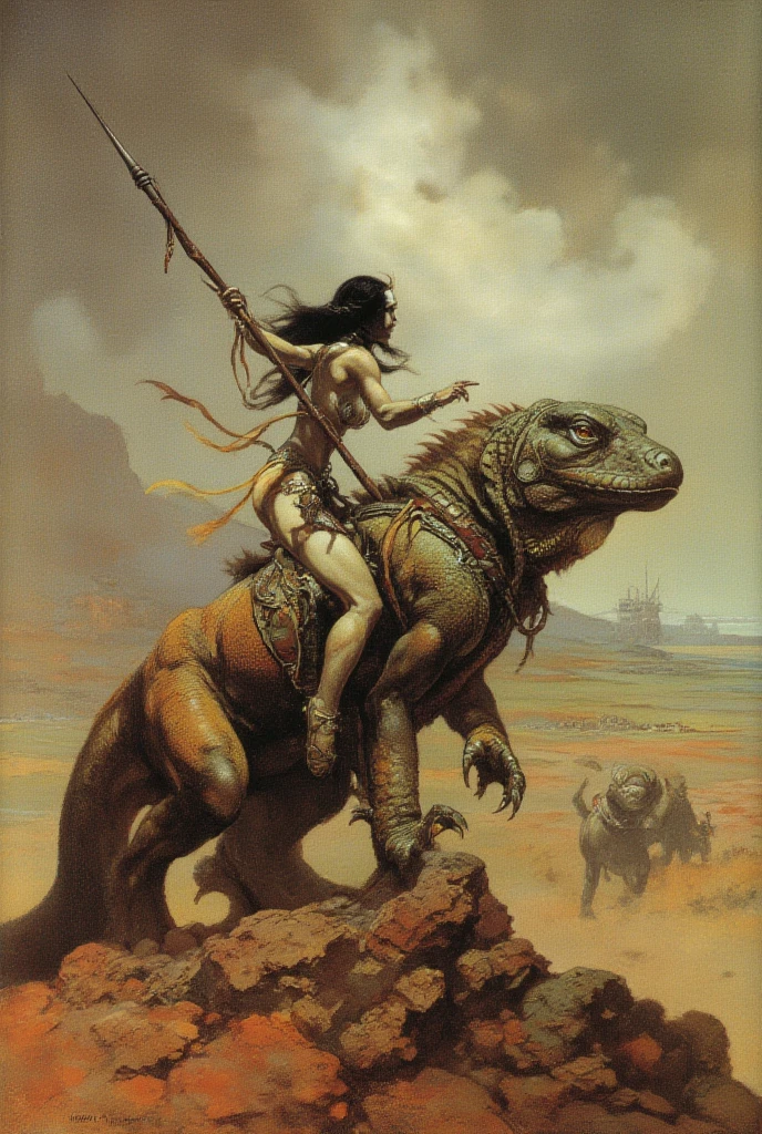 alien landscape with giant monsters, the foreground, a sexy girl with slender hips, slender hips, slender hips,medium breasts, in a long sheer gown cut in slits up to her hips, low cut between her breasts to her navel, long flowing hair, cleavage, brightly colored monsters, tentacled beasts, dinosaurs, very bright contrasting colors, bright colors, she is a goddess, a goddess,