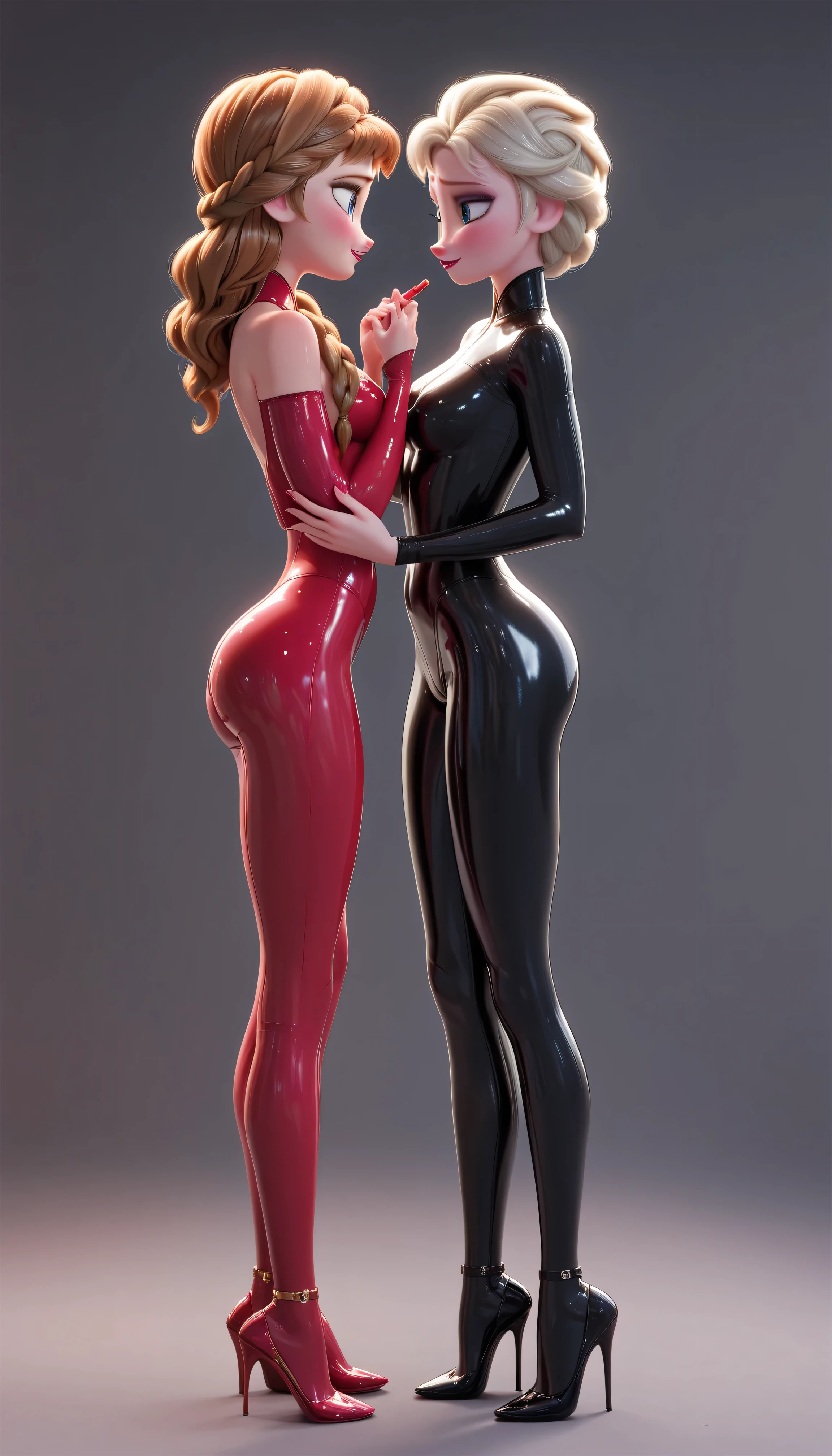 Sexy-Astronautin Anna und Elsa, who look at each other passionately, sexy latex suit with high heels, Universe in the background