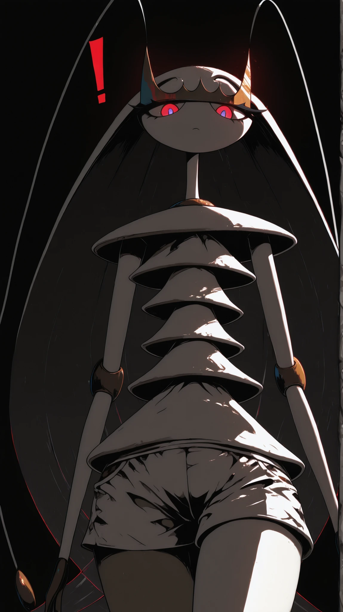 ((Pheromosa from Pokemon)), White Body,white misty forest Background,Wide Hips, Thin Waist, Very Thin Waist, ((Wasp Waist)), Solo, vibrant colors, cel shading, Simplistic Art Style, solo, (red single exclamation mark:1.5),((glowing red eyes:1.4)),(oyabun),look at viewer,over view
,