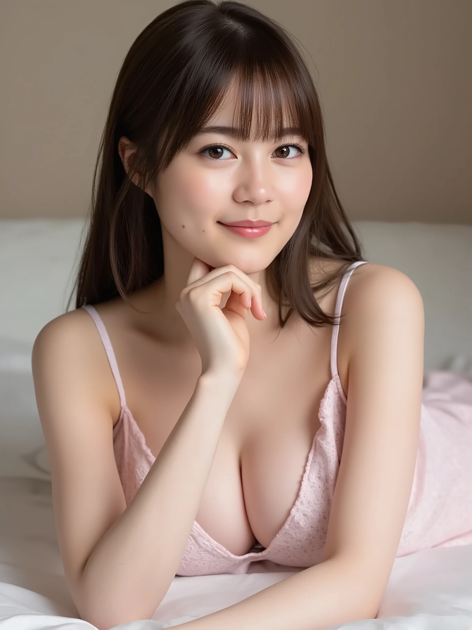 bright表情、photorealistic stick:1.32、highest quality、超A high resolution、Photos of the most beautiful Japan girls、cute and beautiful face details、small face、(face to face with the children_V1:0.008)、美しいbangs、10 years old、radiant white skin、Hair gets tangled in the face、顔まで伸びるbangs、bangs、hair between eyes、charming brown silky hair、bright、Clear eyes shine charmingly、dynamic pose、highest quality、confused、((the cutest girl in the world))、Japanese、on the bed、((Dress with lace frills:1.3))、(side tail:1.3)、(Tie with a thin ribbon)、nice and cute、innocent smile、nice smile、Uneven breasts、(big :1.3)、(Get  and look up:1.3)、ponytail、brown hair、thin waist、detailed beautiful eyes、view audience、Upper body、close up of face、Front view、