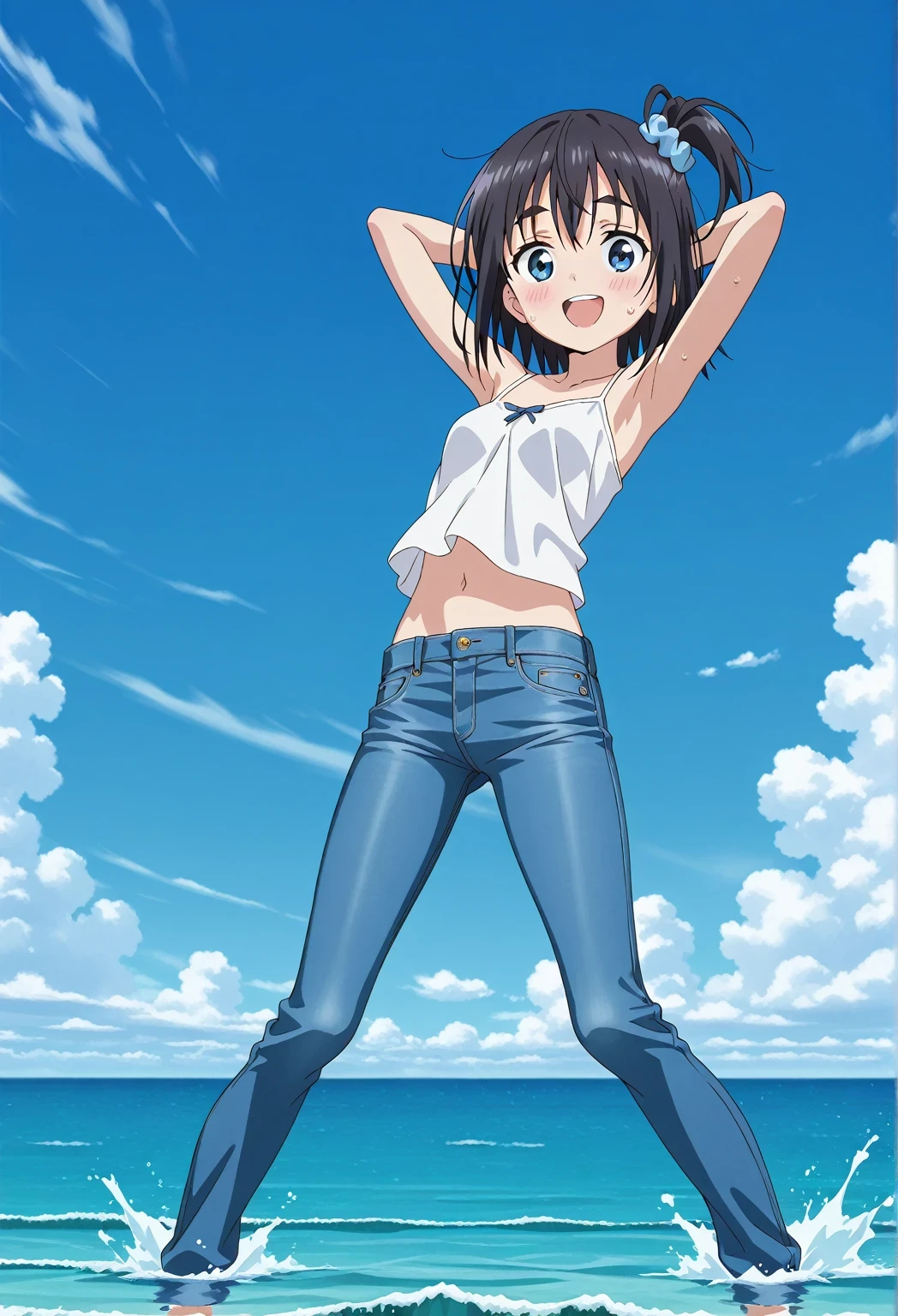 score_9, score_8_up, score_7_up, source_anime, highres, hi res, ((best quality, top quality, perfect quality, Highest Quality, amazing quality)), {{masterpiece}}, {{an extremely delicate and beautiful}}, 2d, intricate details, official style, anime, 8k, anime style, official_anime, official art, digital painting, cell shading, soft shading, high resolution, soothing tones, Subdued Color, Soft cinematic light, adobe lightroom, photolab, HDR, intricately and hyper-detailed, ((high quality animation)), 1 girl, Alone, solo, ((ocean)), tsunami, on the water, day, sunny, outdoors, sky, windy, satsuki amamiya, short hair, blue eyes, black hair, hair ornament, one side up, thick eyebrows, scrunchie, hair scrunchie, blue scrunchie, anime screencap, small breasts, white camisole top, crop top, white crop top, best quality, hyper-detailed jeans, ((blue jeans:1.9)), (dark blue jeans:0.6), full medium body, medium shot, Open mouth, smiling, happy face, blush, sweat, standing, ((arms behind head:6.0)), bowlegged, jumping pose, action, looking at viewer, spread legs, Bend knees slightly, straight-on front view