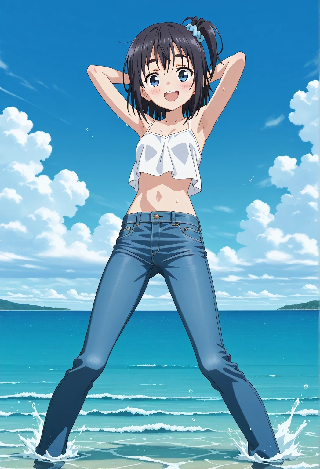score_9, score_8_up, score_7_up, source_anime, highres, hi res, ((best quality, top quality, perfect quality, Highest Quality, amazing quality)), {{masterpiece}}, {{an extremely delicate and beautiful}}, 2d, intricate details, official style, anime, 8k, anime style, official_anime, official art, digital painting, cell shading, soft shading, high resolution, soothing tones, Subdued Color, Soft cinematic light, adobe lightroom, photolab, HDR, intricately and hyper-detailed, ((high quality animation)), 1 girl, Alone, solo, ((ocean)), tsunami, on the water, day, sunny, outdoors, sky, windy, satsuki amamiya, short hair, blue eyes, black hair, hair ornament, one side up, thick eyebrows, scrunchie, hair scrunchie, blue scrunchie, anime screencap, small breasts, white camisole top, crop top, white crop top, best quality, hyper-detailed jeans, ((blue jeans:1.9)), (dark blue jeans:0.6), full medium body, medium shot, Open mouth, smiling, happy face, blush, sweat, standing, ((arms behind head:6.0)), bowlegged, jumping pose, action, looking at viewer, spread legs, Bend knees slightly, straight-on front view