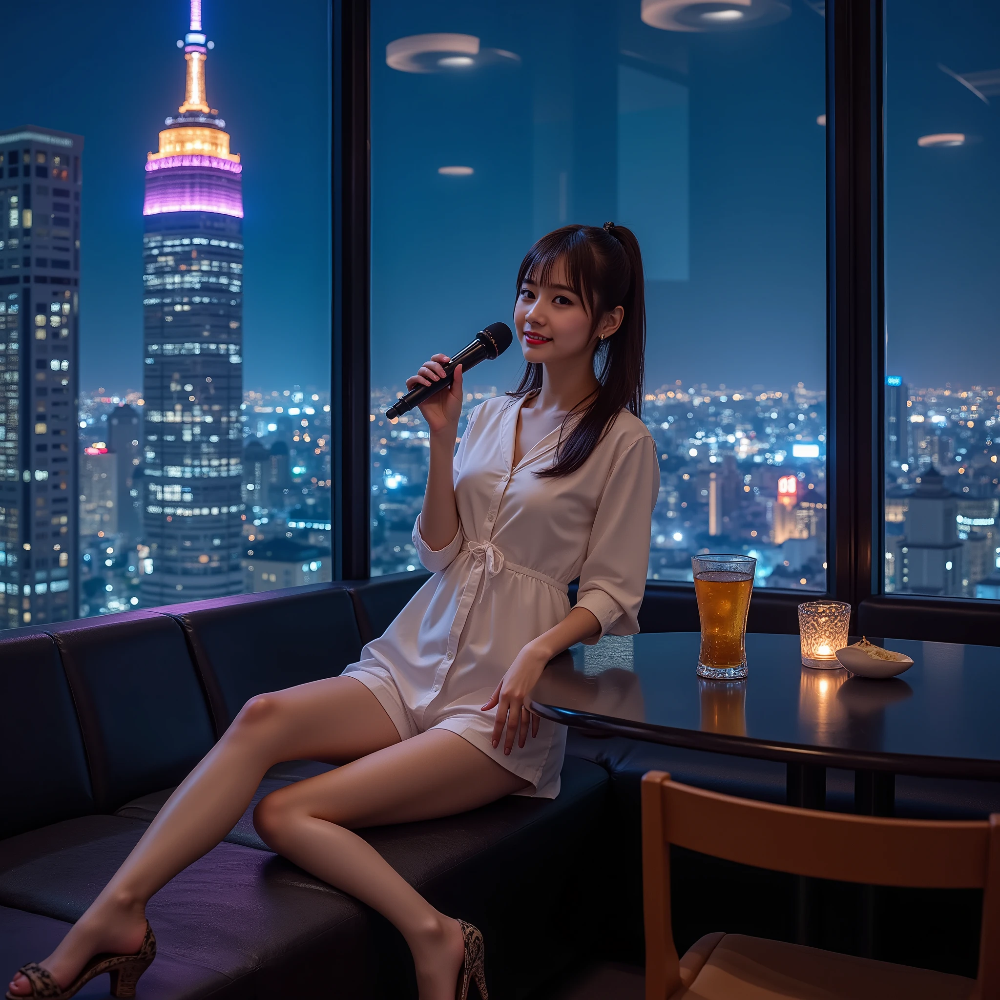 Highest Quality, photorealistic, A glass-walled karaoke room with a city skyscraper night view and city lights in the background、A top Japanese idol singing alone、 Age 25, big eyes with double eyelids, Casual, tight-fitting loungewear、Ponytail Hairstyles, F cup bust , beautiful makeup face, high heels,Accurate limbs and fingers based on perfect human anatomy, wide angle, full body, A partially finished drink on the table、A quiet space of concentration、A moment when a professional singer's side blends with a natural expression、Cinematic bright lighting effects、Dramatic composition、Illuminated interior、A composition capturing a moment of youth、Vivid color expression、