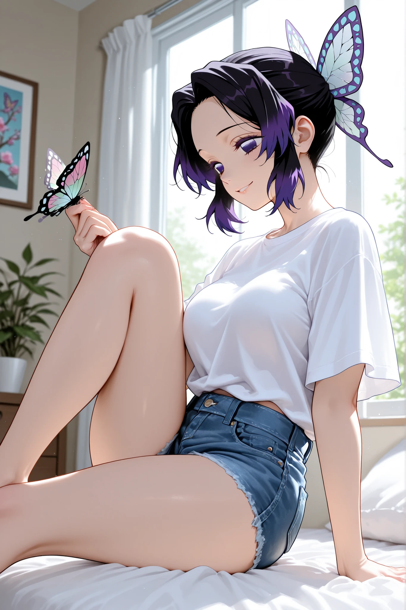 (Demon Slayer: Shinobu Kochou), (Shinobu Kocho's hair decorated with butterflies), (Short hair),Soft Hair, colorful hair, with split bangs, purple hair, black hair two-tone hair forehead, gradient hair,Ultra HD, masterpiece, (short jeans shorts), Clean overfit white t-shirt, Comfortable silhouette, Glamorous Body, curvy body, slim body, smiles, bedrooms

View of a woman sitting on a bed, window with one leg above, Side view of a woman, single, 1girl,