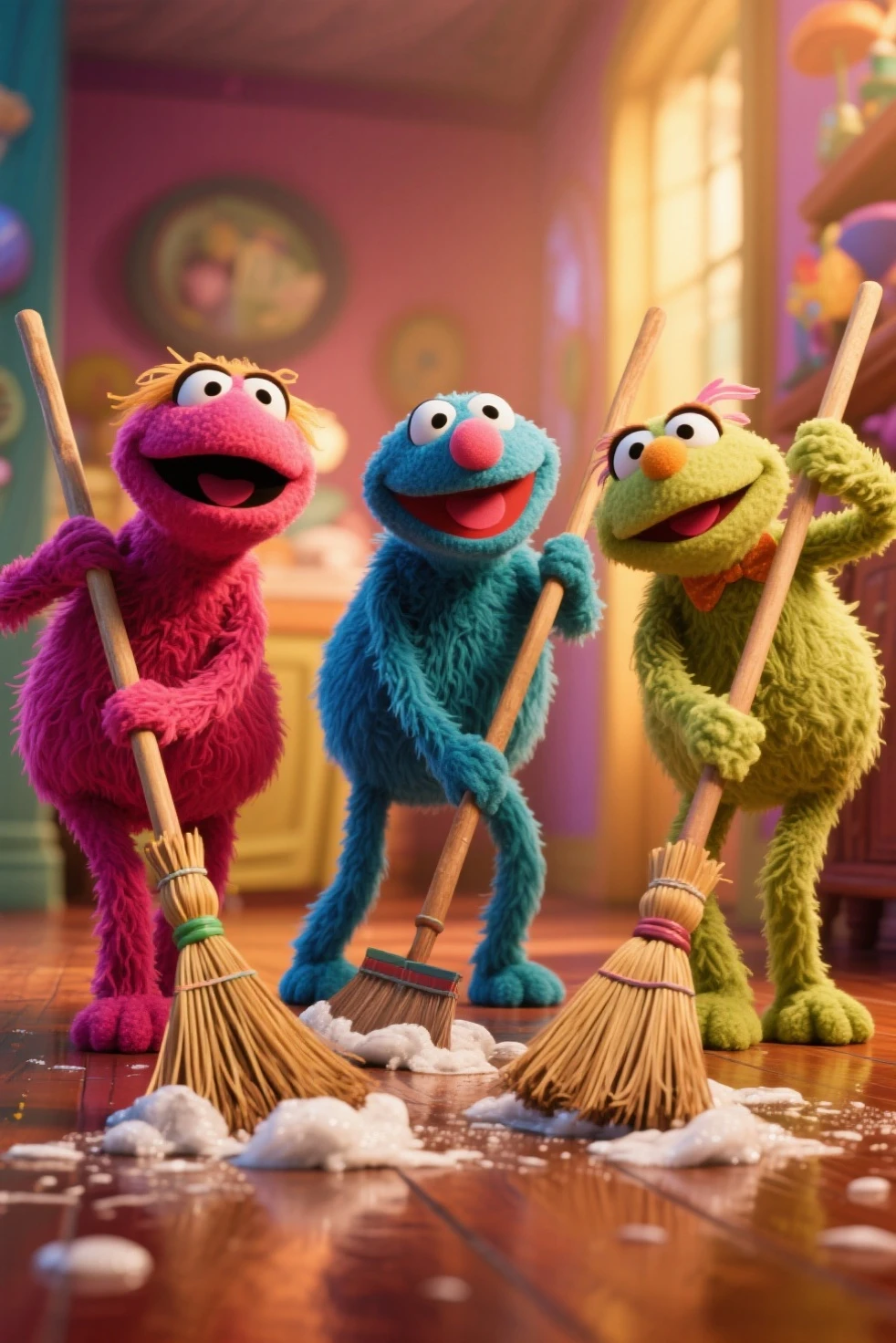 Mimi Rogers (age 30, sexy red sheer , tape over , Safe for work) is laughing and playing, set on Sesame Street, several muppets are tickling her