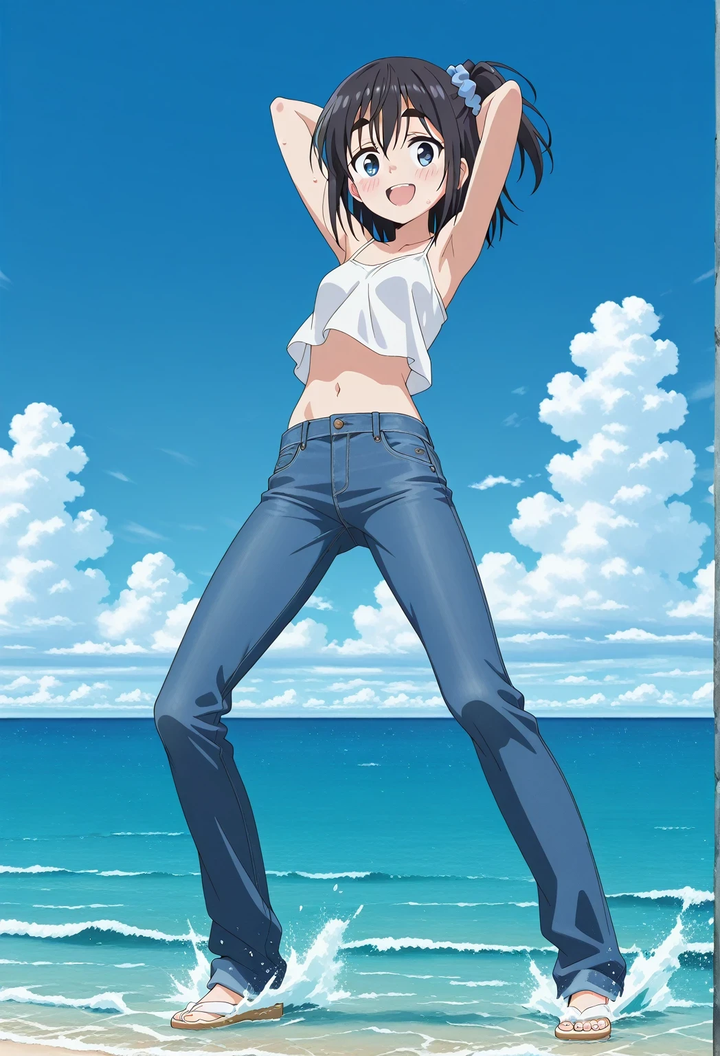 score_9, score_8_up, score_7_up, source_anime, highres, hi res, ((best quality, top quality, perfect quality, Highest Quality, amazing quality)), {{masterpiece}}, {{an extremely delicate and beautiful}}, 2d, intricate details, official style, anime, 8k, anime style, official_anime, official art, digital painting, cell shading, soft shading, high resolution, soothing tones, Subdued Color, Soft cinematic light, adobe lightroom, photolab, HDR, intricately and hyper-detailed, ((high quality animation)), 1 girl, Alone, solo, ((ocean)), tsunami, on the water, day, sunny, outdoors, sky, windy, satsuki amamiya, short hair, blue eyes, black hair, hair ornament, one side up, thick eyebrows, scrunchie, hair scrunchie, blue scrunchie, anime screencap, small breasts, white camisole top, crop top, white crop top, best quality, hyper-detailed jeans, ((blue jeans:1.9)), (dark blue jeans:0.6), full medium body, medium shot, Open mouth, smiling, happy face, blush, sweat, standing, ((arms behind head:6.0)), bowlegged, jumping pose, action, looking at viewer, spread legs, Bend knees slightly, straight-on front view