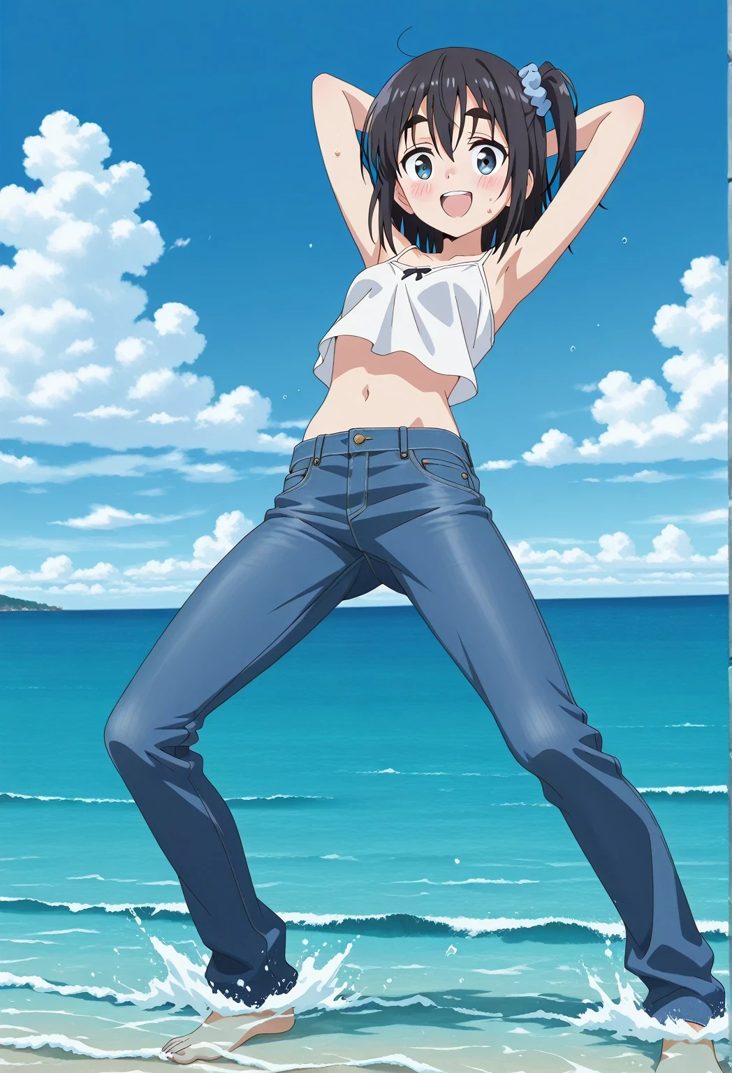 score_9, score_8_up, score_7_up, source_anime, highres, hi res, ((best quality, top quality, perfect quality, Highest Quality, amazing quality)), {{masterpiece}}, {{an extremely delicate and beautiful}}, 2d, intricate details, official style, anime, 8k, anime style, official_anime, official art, digital painting, cell shading, soft shading, high resolution, soothing tones, Subdued Color, Soft cinematic light, adobe lightroom, photolab, HDR, intricately and hyper-detailed, ((high quality animation)), 1 girl, Alone, solo, ((ocean)), tsunami, on the water, day, sunny, outdoors, sky, windy, satsuki amamiya, short hair, blue eyes, black hair, hair ornament, one side up, thick eyebrows, scrunchie, hair scrunchie, blue scrunchie, anime screencap, small breasts, white camisole top, crop top, white crop top, best quality, hyper-detailed jeans, ((blue jeans:1.9)), (dark blue jeans:0.6), full medium body, medium shot, Open mouth, smiling, happy face, blush, sweat, standing, ((arms behind head:6.0)), bowlegged, jumping pose, action, looking at viewer, spread legs, Bend knees slightly, straight-on front view