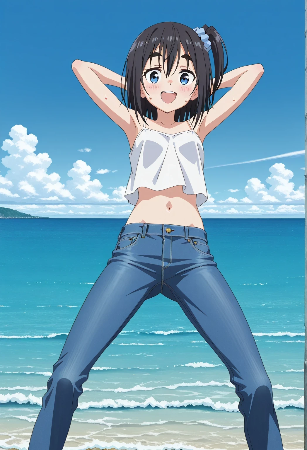 score_9, score_8_up, score_7_up, source_anime, highres, hi res, ((best quality, top quality, perfect quality, Highest Quality, amazing quality)), {{masterpiece}}, {{an extremely delicate and beautiful}}, 2d, intricate details, official style, anime, 8k, anime style, official_anime, official art, digital painting, cell shading, soft shading, high resolution, soothing tones, Subdued Color, Soft cinematic light, adobe lightroom, photolab, HDR, intricately and hyper-detailed, ((high quality animation)), 1 girl, Alone, solo, ((ocean)), tsunami, on the water, day, sunny, outdoors, sky, windy, satsuki amamiya, short hair, blue eyes, black hair, hair ornament, one side up, thick eyebrows, scrunchie, hair scrunchie, blue scrunchie, anime screencap, small breasts, white camisole top, crop top, white crop top, best quality, hyper-detailed jeans, ((blue jeans:1.9)), (dark blue jeans:0.6), full medium body, medium shot, Open mouth, smiling, happy face, blush, sweat, standing, ((arms behind head:6.0)), bowlegged, jumping pose, action, looking at viewer, spread legs, Bend knees slightly, straight-on front view