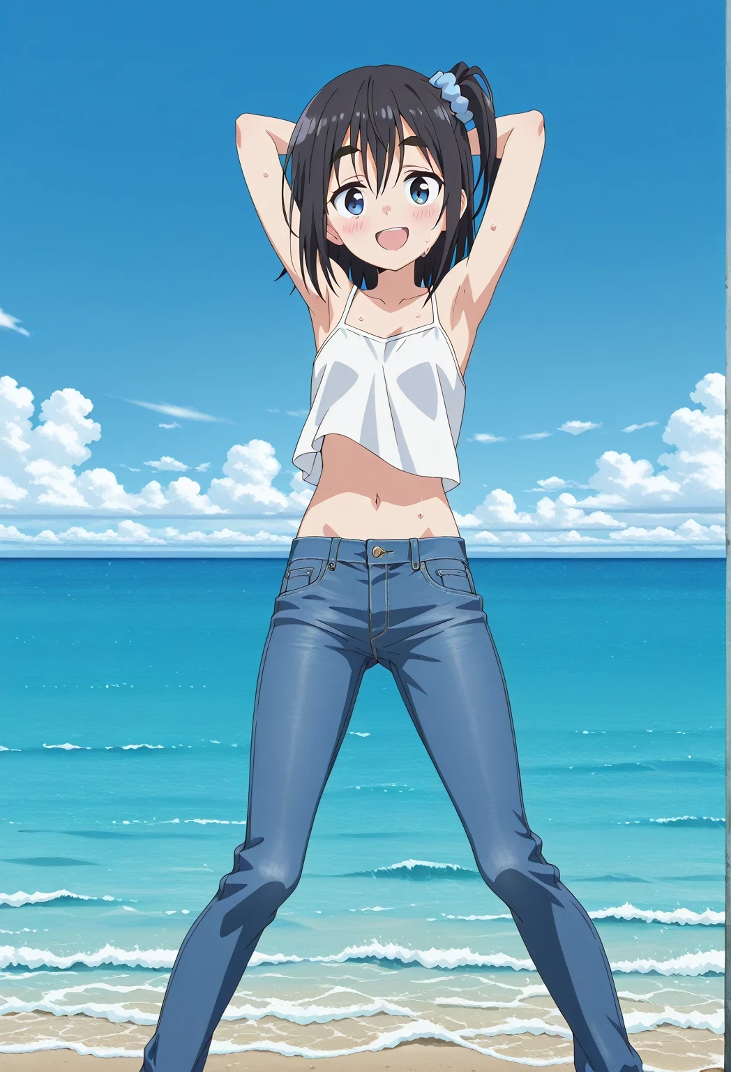 score_9, score_8_up, score_7_up, source_anime, highres, hi res, ((best quality, top quality, perfect quality, Highest Quality, amazing quality)), {{masterpiece}}, {{an extremely delicate and beautiful}}, 2d, intricate details, official style, anime, 8k, anime style, official_anime, official art, digital painting, cell shading, soft shading, high resolution, soothing tones, Subdued Color, Soft cinematic light, adobe lightroom, photolab, HDR, intricately and hyper-detailed, ((high quality animation)), 1 girl, Alone, solo, ((ocean)), tsunami, on the water, day, sunny, outdoors, sky, windy, satsuki amamiya, short hair, blue eyes, black hair, hair ornament, one side up, thick eyebrows, scrunchie, hair scrunchie, blue scrunchie, anime screencap, small breasts, white camisole top, crop top, white crop top, best quality, hyper-detailed jeans, ((blue jeans:1.9)), (dark blue jeans:0.6), full medium body, medium shot, Open mouth, smiling, happy face, blush, sweat, standing, ((arms behind head:6.0)), bowlegged, jumping pose, action, looking at viewer, spread legs, Bend knees slightly, straight-on front view