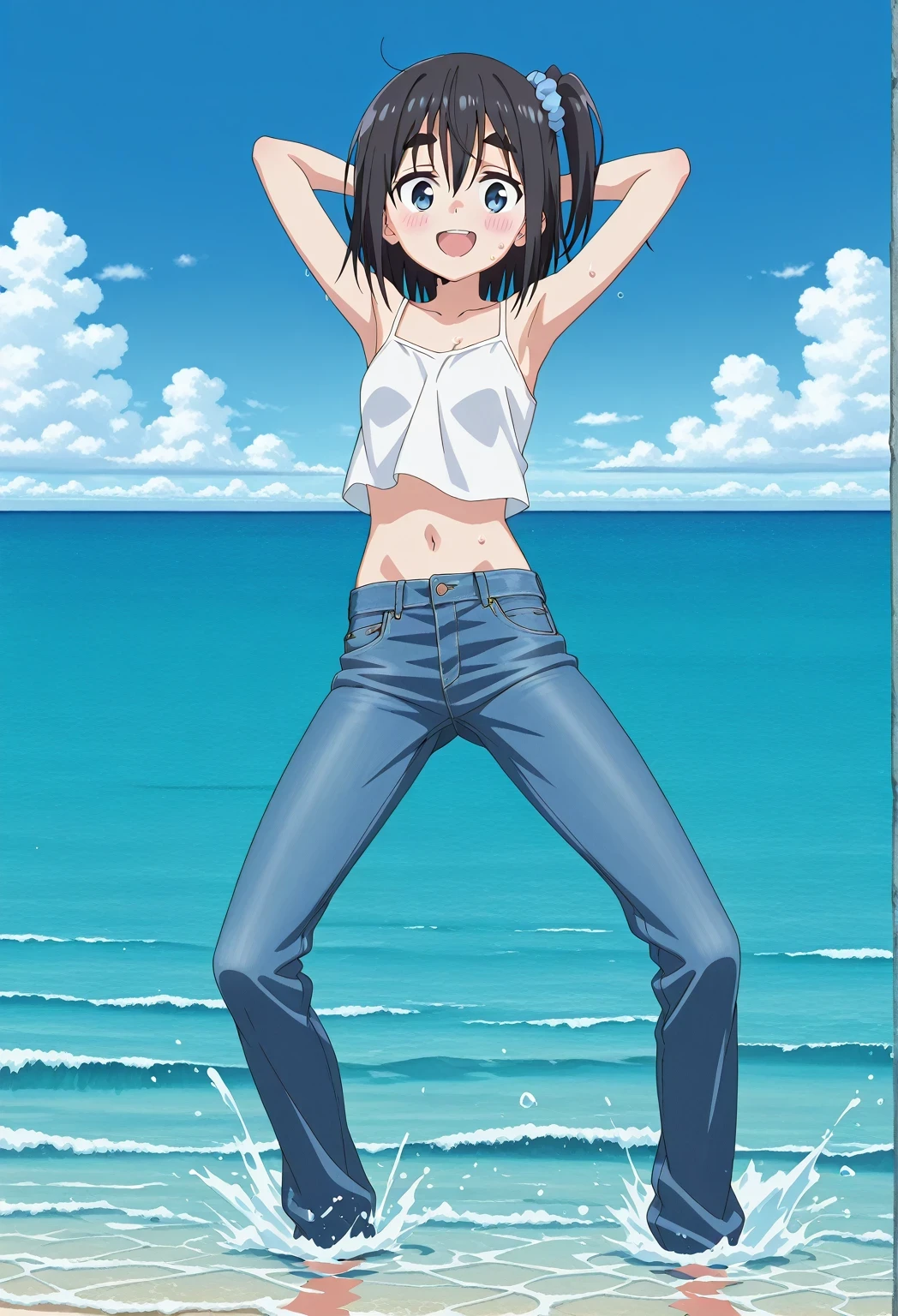 score_9, score_8_up, score_7_up, source_anime, highres, hi res, ((best quality, top quality, perfect quality, Highest Quality, amazing quality)), {{masterpiece}}, {{an extremely delicate and beautiful}}, 2d, intricate details, official style, anime, 8k, anime style, official_anime, official art, digital painting, cell shading, soft shading, high resolution, soothing tones, Subdued Color, Soft cinematic light, adobe lightroom, photolab, HDR, intricately and hyper-detailed, ((high quality animation)), 1 girl, Alone, solo, ((ocean)), tsunami, on the water, day, sunny, outdoors, sky, windy, satsuki amamiya, short hair, blue eyes, black hair, hair ornament, one side up, thick eyebrows, scrunchie, hair scrunchie, blue scrunchie, anime screencap, small breasts, white camisole top, crop top, white crop top, best quality, hyper-detailed jeans, ((blue jeans:1.9)), (dark blue jeans:0.6), full medium body, medium shot, Open mouth, smiling, happy face, blush, sweat, standing, ((arms behind head:6.0)), bowlegged, jumping pose, action, looking at viewer, spread legs, Bend knees slightly, straight-on front view