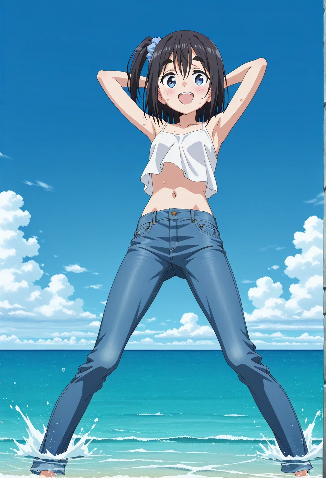 score_9, score_8_up, score_7_up, source_anime, highres, hi res, ((best quality, top quality, perfect quality, Highest Quality, amazing quality)), {{masterpiece}}, {{an extremely delicate and beautiful}}, 2d, intricate details, official style, anime, 8k, anime style, official_anime, official art, digital painting, cell shading, soft shading, high resolution, soothing tones, Subdued Color, Soft cinematic light, adobe lightroom, photolab, HDR, intricately and hyper-detailed, ((high quality animation)), 1 girl, Alone, solo, ((ocean)), tsunami, on the water, day, sunny, outdoors, sky, windy, satsuki amamiya, short hair, blue eyes, black hair, hair ornament, one side up, thick eyebrows, scrunchie, hair scrunchie, blue scrunchie, anime screencap, small breasts, white camisole top, crop top, white crop top, best quality, hyper-detailed jeans, ((blue jeans:1.9)), (dark blue jeans:0.6), full medium body, medium shot, Open mouth, smiling, happy face, blush, sweat, standing, ((arms behind head:6.0)), bowlegged, jumping pose, action, looking at viewer, spread legs, Bend knees slightly, straight-on front view