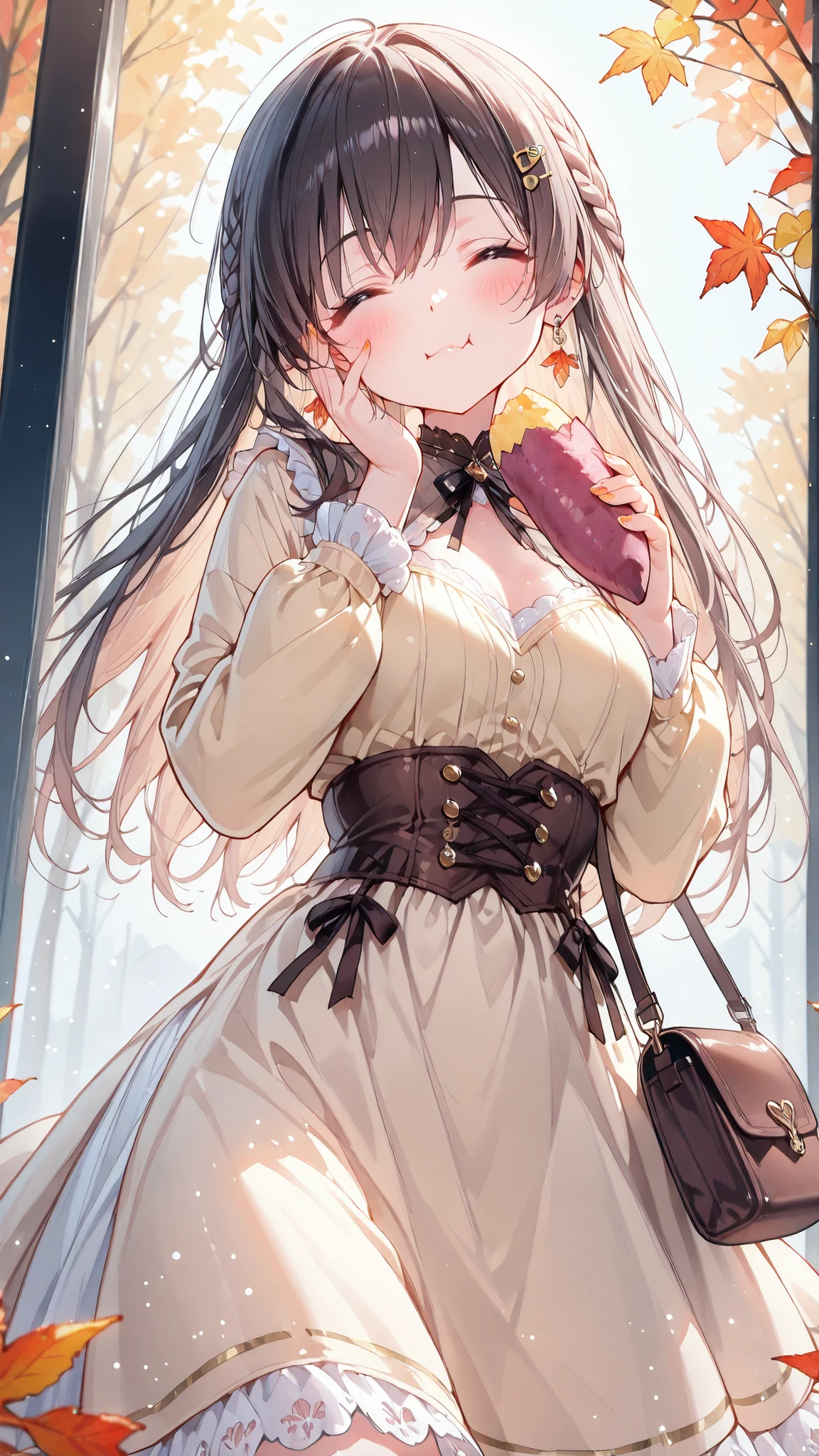 Best Quality, ultra detailed, masterpiece, 8k, 16k, Wallpaper, Anatomically correct, fine detailed skin, fine detailed eyes, fine detailed hair, fine detailed hands, Accurate hands, Dazzling Lighting, 1 girl, braid hair, solo, (medium chest:1.3), smile, closed eyes, Tilt Head, steam, fog, purple spotlight, elegant, holding baked sweet potato, moody, head tilt, 1girl, solo, closed mouth, Autumn leaf hair clip, eating, hand on own cheek, puffy cheeks, eating sweet potato, idol, brown and yellow dress, gothic dress, brown and yellow two-block color bodice, white lace decoration, long sleeves, voluminous flared skirt, (blush:1.2), smile, (happy:1.2), excited, fabulous, autumn, morning, orange nails, Autumn leaf earrings, brown clutch bag, Autumn Lighting, Autumn atmosphere, Colorful light particles, Depth of Field, bokeh, moya, lens flare, film reflections, distortion, glitter effect,