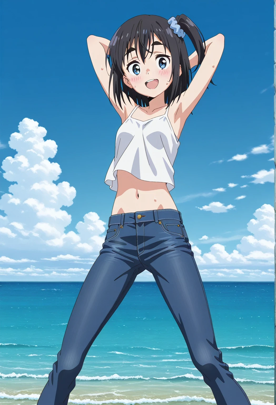 score_9, score_8_up, score_7_up, source_anime, highres, hi res, ((best quality, top quality, perfect quality, Highest Quality, amazing quality)), {{masterpiece}}, {{an extremely delicate and beautiful}}, 2d, intricate details, official style, anime, 8k, anime style, official_anime, official art, digital painting, cell shading, soft shading, high resolution, soothing tones, Subdued Color, Soft cinematic light, adobe lightroom, photolab, HDR, intricately and hyper-detailed, ((high quality animation)), 1 girl, Alone, solo, ((ocean)), tsunami, on the water, day, sunny, outdoors, sky, windy, satsuki amamiya, short hair, blue eyes, black hair, hair ornament, one side up, thick eyebrows, scrunchie, hair scrunchie, blue scrunchie, anime screencap, small breasts, white camisole top, crop top, white crop top, best quality, hyper-detailed jeans, ((blue jeans:1.9)), (dark blue jeans:0.6), full medium body, medium shot, Open mouth, smiling, happy face, blush, sweat, standing, ((arms behind head:6.0)), bowlegged, jumping pose, action, looking at viewer, spread legs, Bend knees slightly, straight-on front view