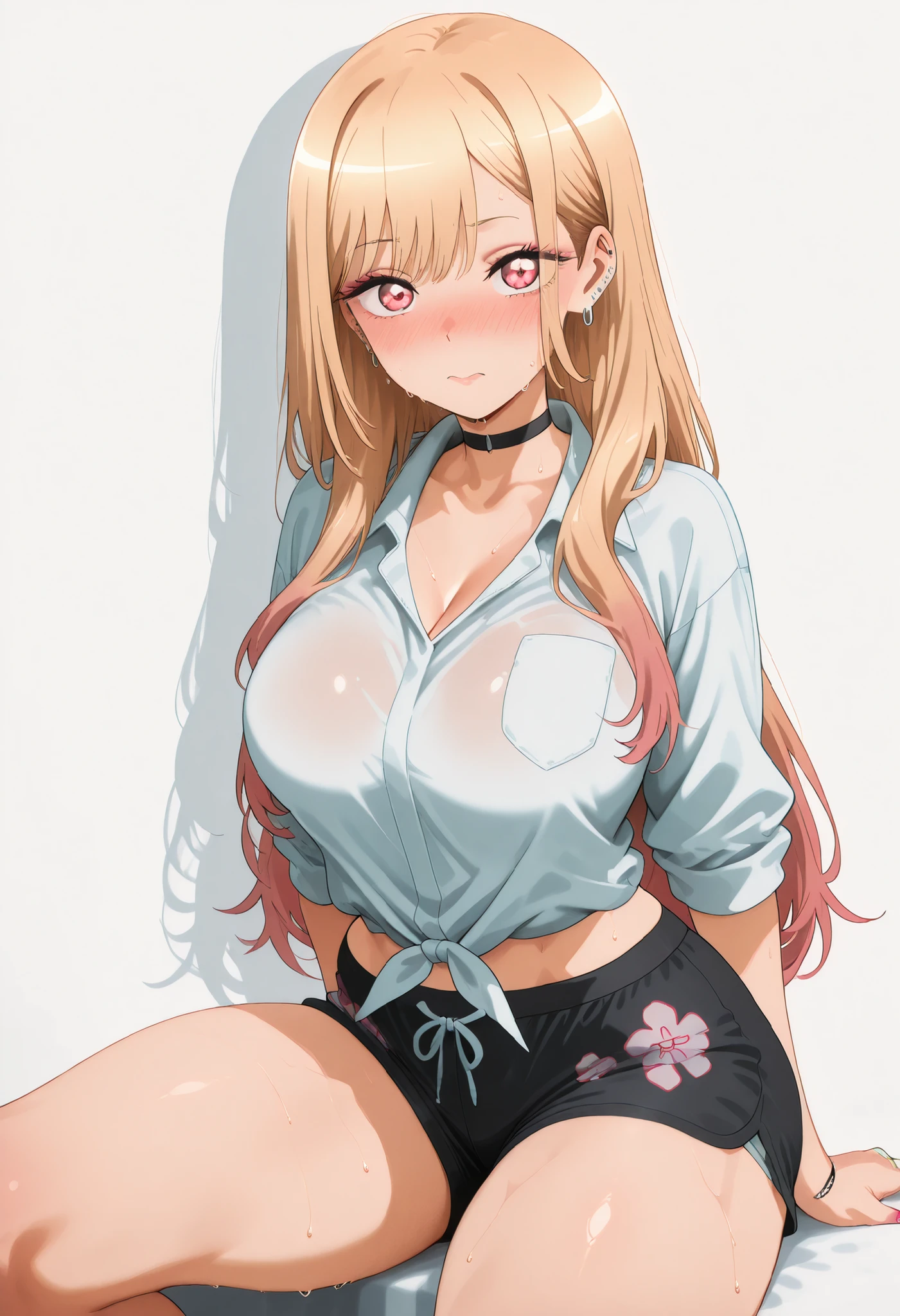 marin kitagawa, large breast, thic thigh,, multicolored hair, blonde hair, long hair, magenta eyes, ear piercing, earrings, pink nails, makeup,, nice legs, looking at viewer, solo, looking at viewer, nose blush, shiny legs, shiny body, shiny hair, clear skin, clear body, sweat, sweaty, sweaty:1.3, large breasts,, thick thigh, thick thighs,, nice legs, solo, large breasts, thick thigh, , WHITE BACKGROUND, EMPTY BACKGROUND, boyshorts, boxer briefs