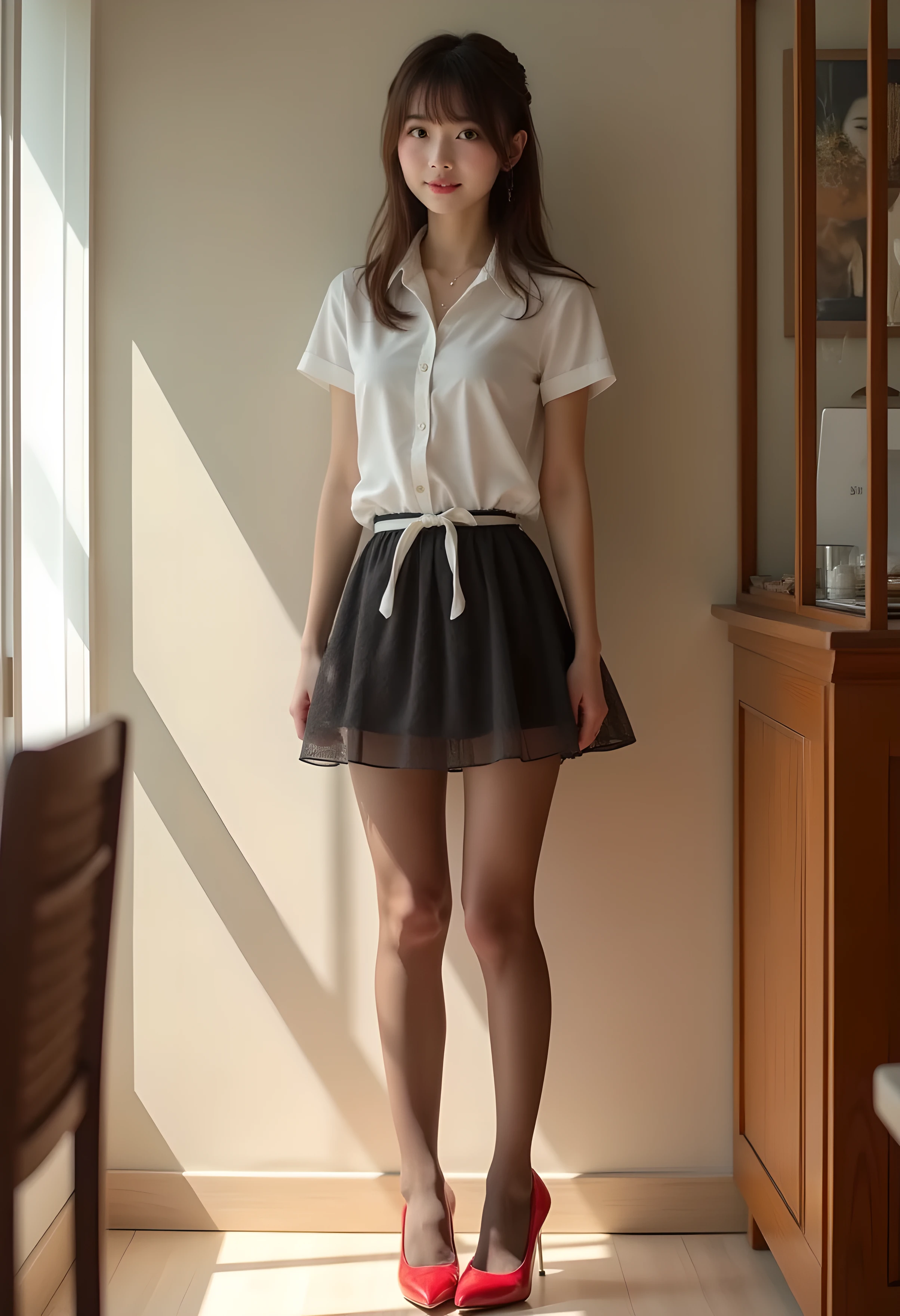 super real , Photorealistic , (Full body image:1.5), She looks so happy , shadow, Global Illuminations , Alone, (a Japanese woman in her 20s :1.5), very beautiful、 Cute Smiles , vinegar, brown hair , beautiful legs , Long, slender legs , すり身ウエvinegarト , She's wearing a receptionist ,バvinegarガイドのを着ています , turn your body forward、 white hair,full body photo ,Please take a picture up to the tip of your foot ,wear brown pantyhose on her legs ,When the light hits stockings, they reflects beautifully.,Wears Red High Heels ,