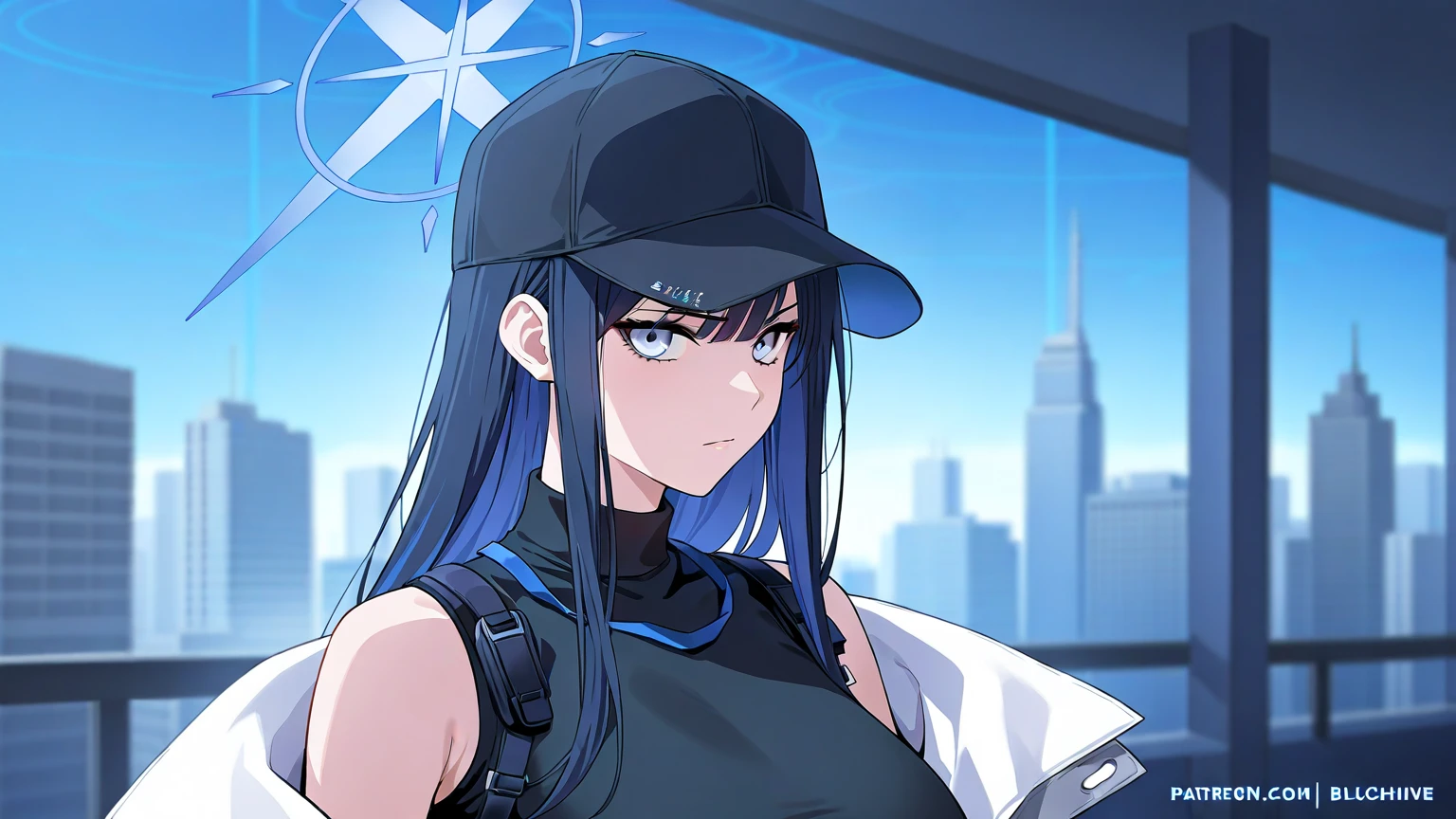 (One Girl,azure hair,Hairstyle: braided ponytail, pale blue eyes,Medium ,Dynamic Angle)Techwear,Black shorts,A shrine with a green background,