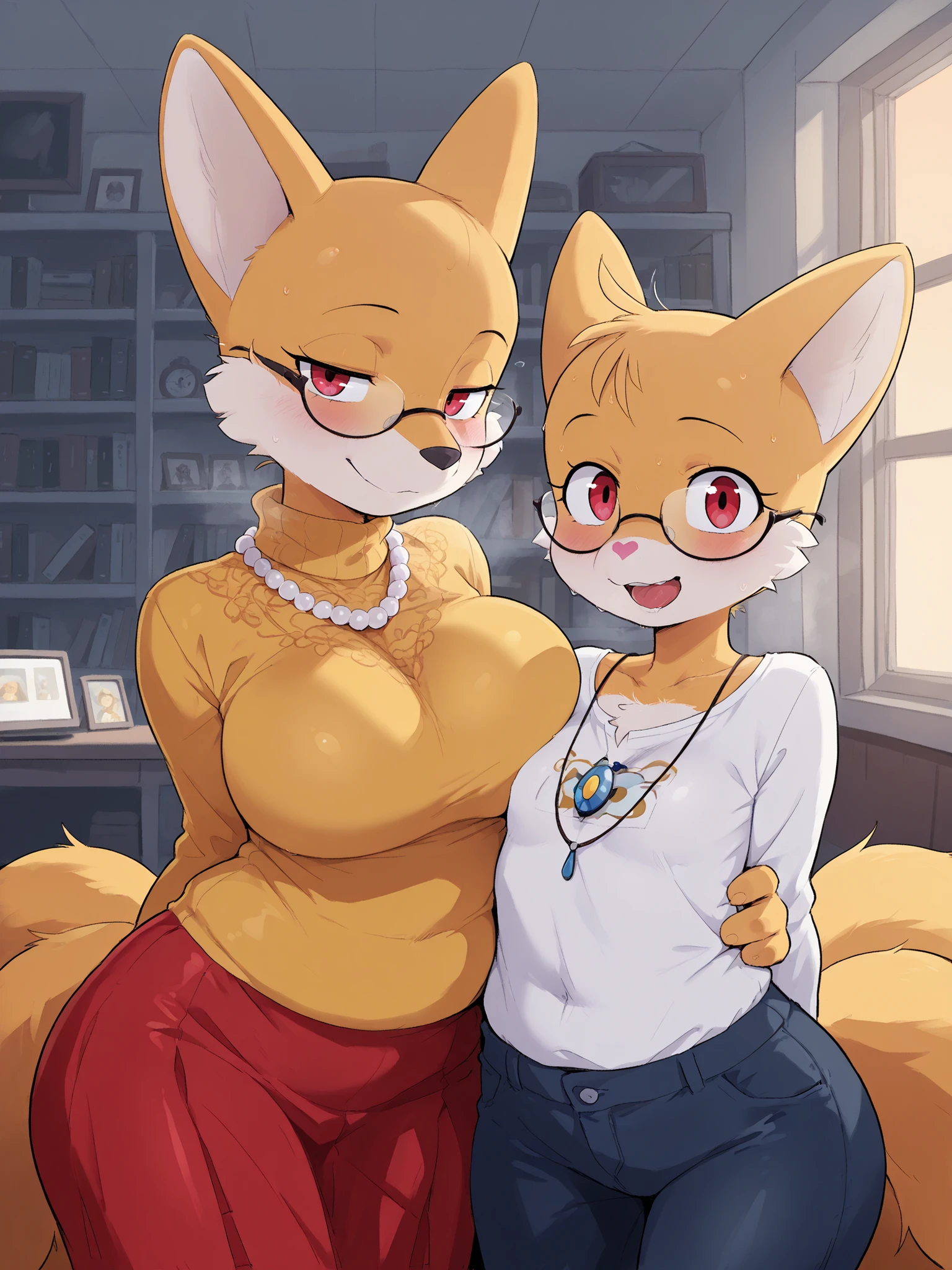 (masterpiece, the best quality), incredible quality, muy estético, absurd, alta resolución, NEW , HDR-10, 8K, cinematic, professional photo, chica, librarian, (((female miles "Tails" Prower:1))), pechos grandes, (Small but curvy), glasses, duo, fat nose, wide hips, white shirt and pearl necklace over the shirt, yellow sweater over the white shirt:1, red satin skirt large, (((seductive expression))), (((neckline))), evening library, detailed background, subsurface dispersion, translucent, brilliant, SSS, of the highest quality, atmospheric haze , IllustrationsP0s  , (super quality:1.2),  very excited