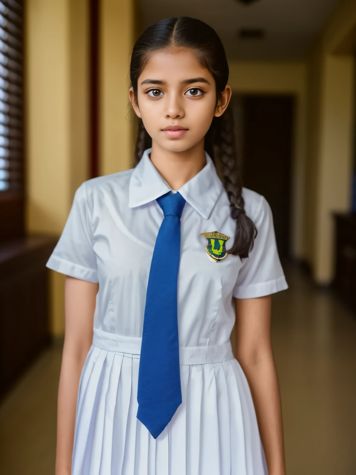 a beautiful girl in srilanka, detailed white frock, color tie, full body ,in the classroom , cinematic lighting, hyperrealistic, photorealistic, 8k, masterpiece, warm colors, natural lighting, detailed school uniform, detailed facial features, beautiful eyes, cute expression, high quality, intricate details