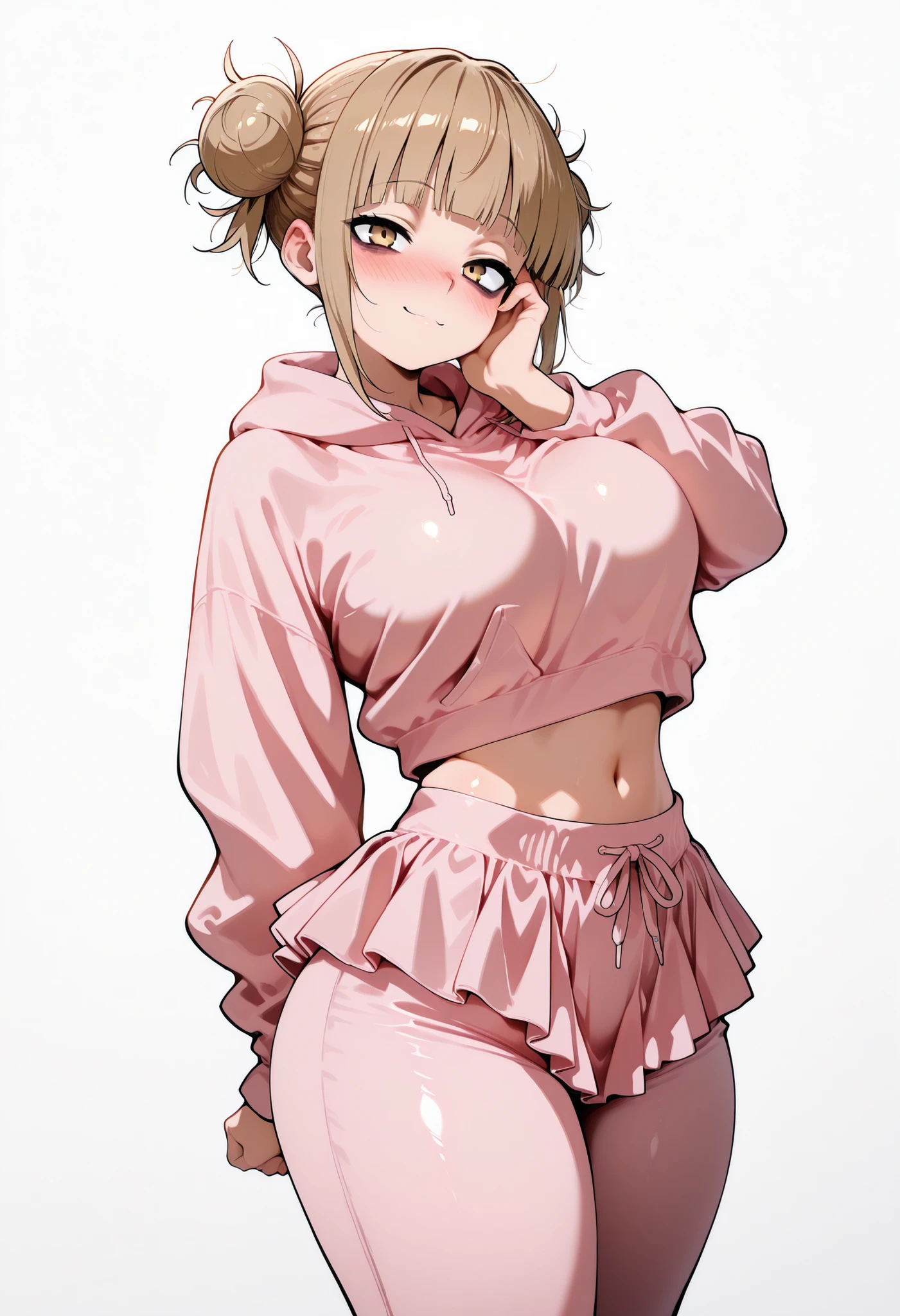 score_9, score_8_up, score_7_up, score_6_up, score_5_up, score_4_up, masterpiece, high quality, BREAK, 1girl, 1girl,, bags under eyes, standing, nice legs, looking at viewer, nose blush, shiny legs, shiny body, shiny hair, clear skin, clear body,, solo, thick thigh, thick thighs, solo, female, large breasts, toga himoko, blonde hair, yellow eyes, blunt bangs, double bun,., shiny skin, shiny hair, shiny body, clear body, white background, empty background, ,, , DYNAMIC POSE , white background, empty background, BAGS UNDER EYES, LARGE BREASTS,, STANDIN UPRIGHT, COWBOY SHOT, POSING,,, POSING,, STANDING,navel ,midriff,,, LOOKING AT VIEWER, WHITE BACKGROUND, EMPTY BACKGROUND, soft smile,, DYNAMIC POSE,, big ass, one hand behind on her, one hand on face, , pink hoodie, pants under skirt, pink skirt, pink pants