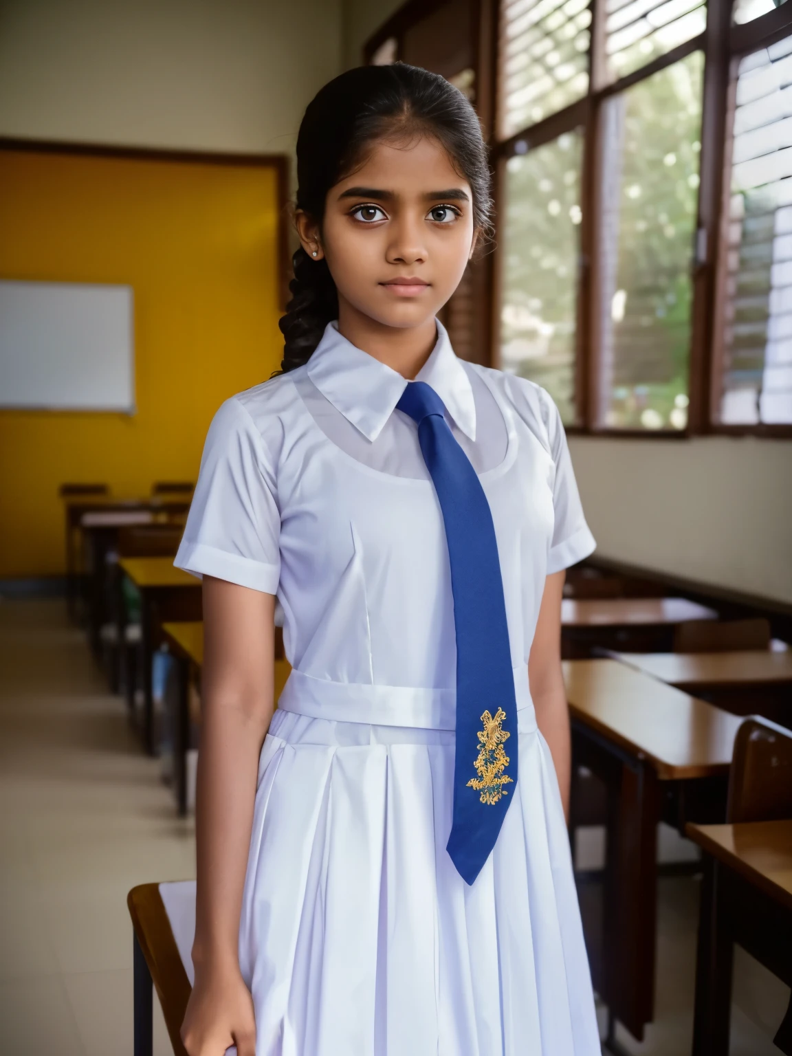 a beautiful girl in srilanka, detailed white frock, color tie, full body ,in the classroom , cinematic lighting, hyperrealistic, photorealistic, 8k, masterpiece, warm colors, natural lighting, detailed school uniform, detailed facial features, beautiful eyes, cute expression, high quality, intricate details