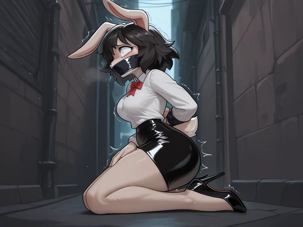 Young Judy Holps from Zootopia,,With a rude look,dressed in a  black corset with stockings and straps on her thighs,  Venom hard,  and , rolls his eyes,  on , are in a night city alley