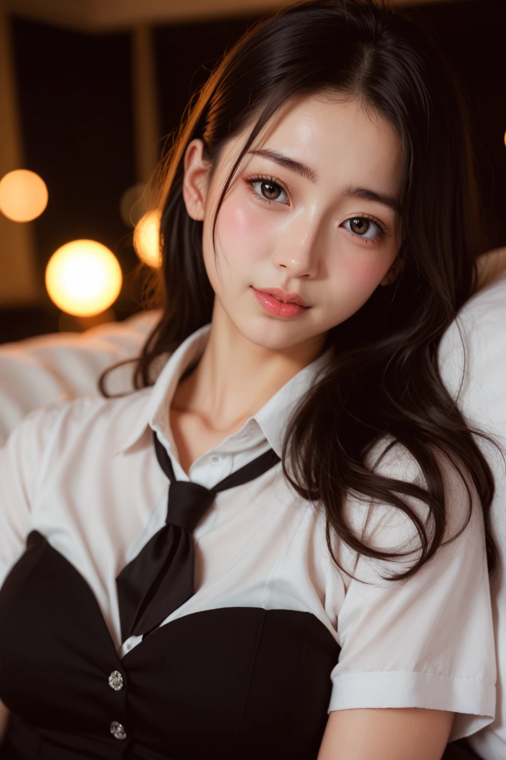 (Photoreal: 1.4), (Hyperrealistic: 1.4), (Realistic: 1.3), (Smooth Lighting: 1.05), (Improved Cinematic Lighting: 0.9), 32K, One Japan woman with a faint smile, realistic lighting, backlight, face lights, ray tracking, (Bright light: 1.2), (Quality improvement: 1.4), ( Realistic textured skin of the highest quality: 1.4), fine detailed eyes, detailed face, fine quality eyes, dark brown eyes, (tired, sleepy and satisfied: 0.0), pale lighting, white blouse, bow tie, navy blue skirt, short ankle socks of white silk, white background, (lying face down on the bed looking at the camera, knees bent and heels of white socks facing up)))